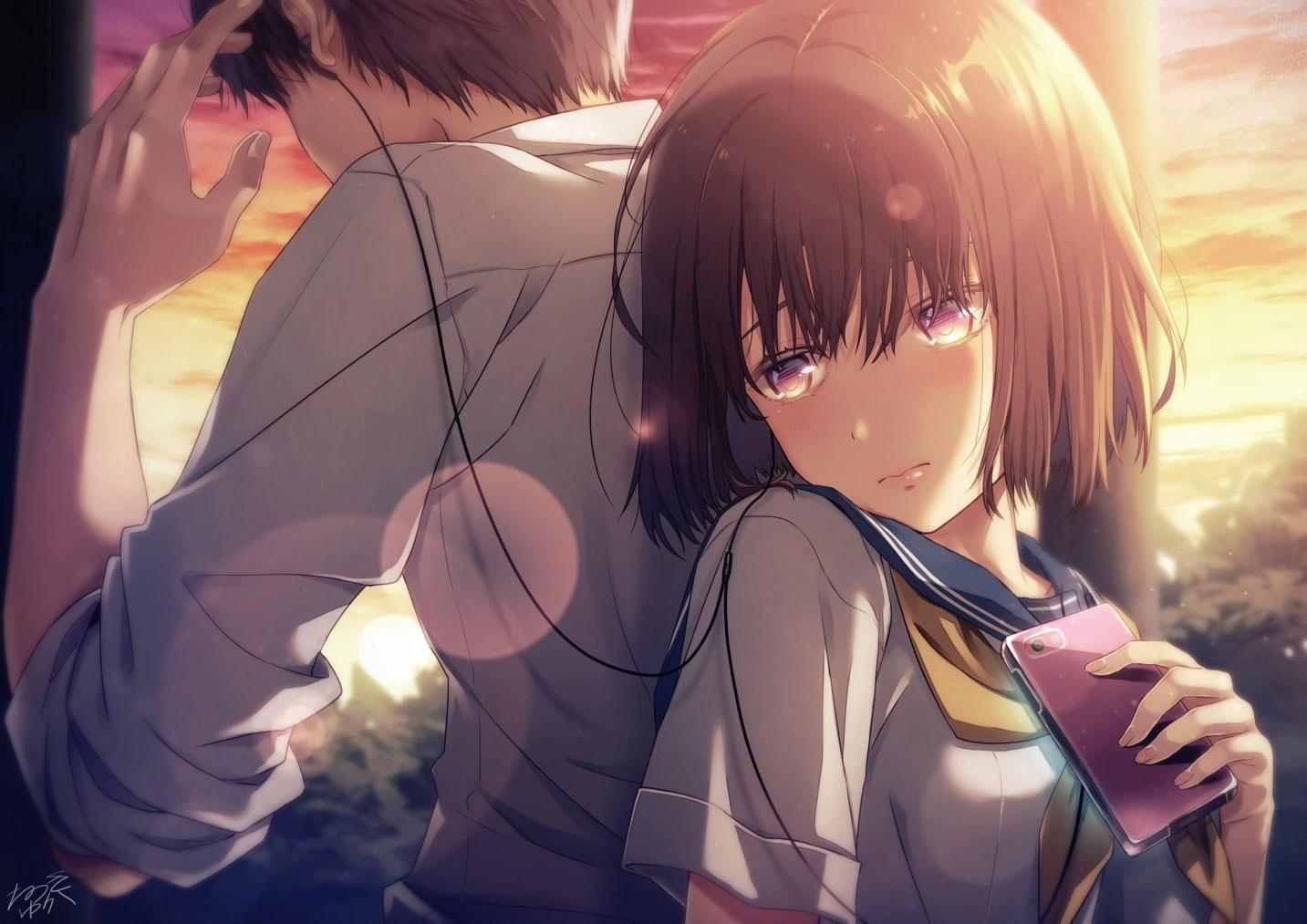 1433x1013 Wallpaper Anime Couple, Cute, School Uniform, Music