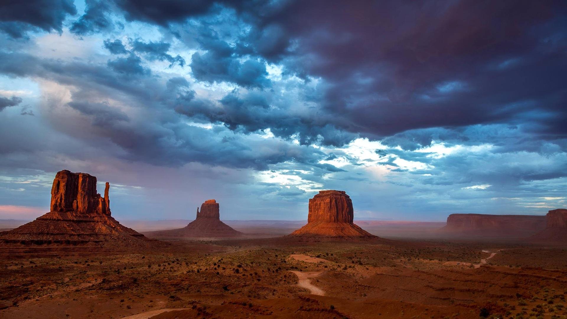 1920x1080 Wallpaper Monument Valley, USA, mountains, sky, blue clouds, evening 1920x1080 Full HD 2K Picture, Image