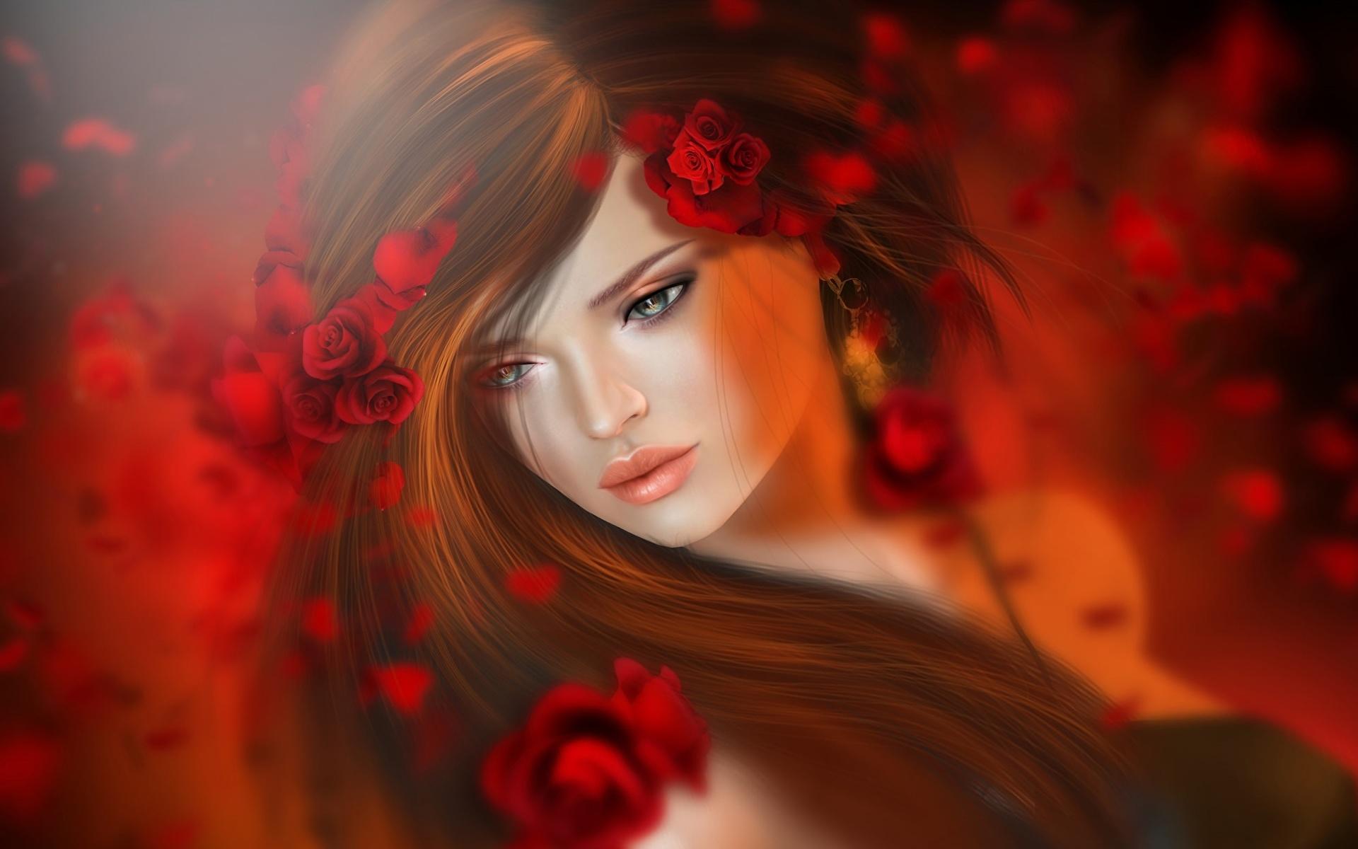 1920x1200 Image Brunette girl rose Hair Girls 3D Graphics 1920x1200