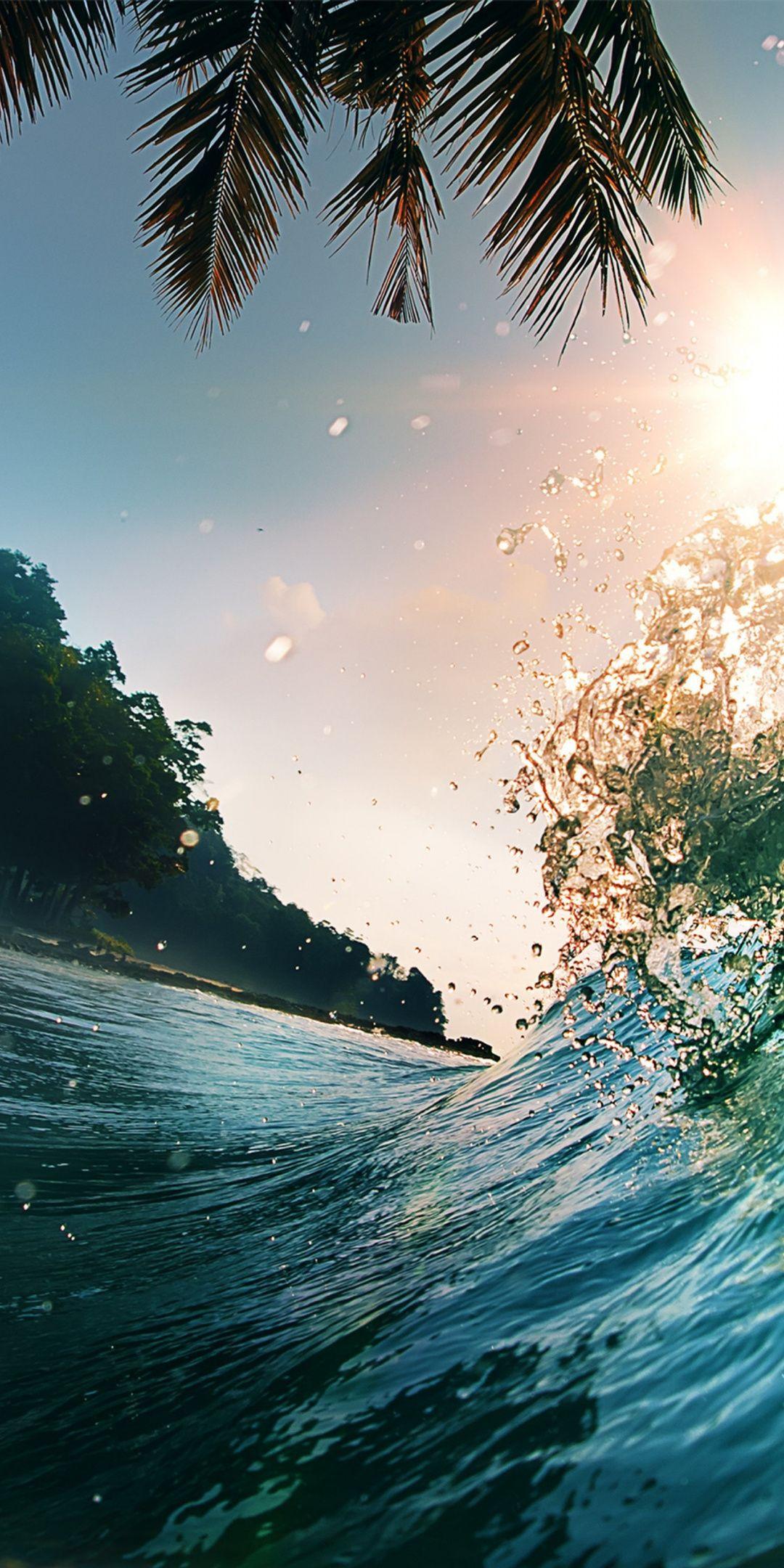 1080x2160 Water splashes, palm tree, sea waves, tide, nature, 1080x2160 wallpaper. Summer wallpaper tumblr, Waves wallpaper iphone, iPhone wallpaper image