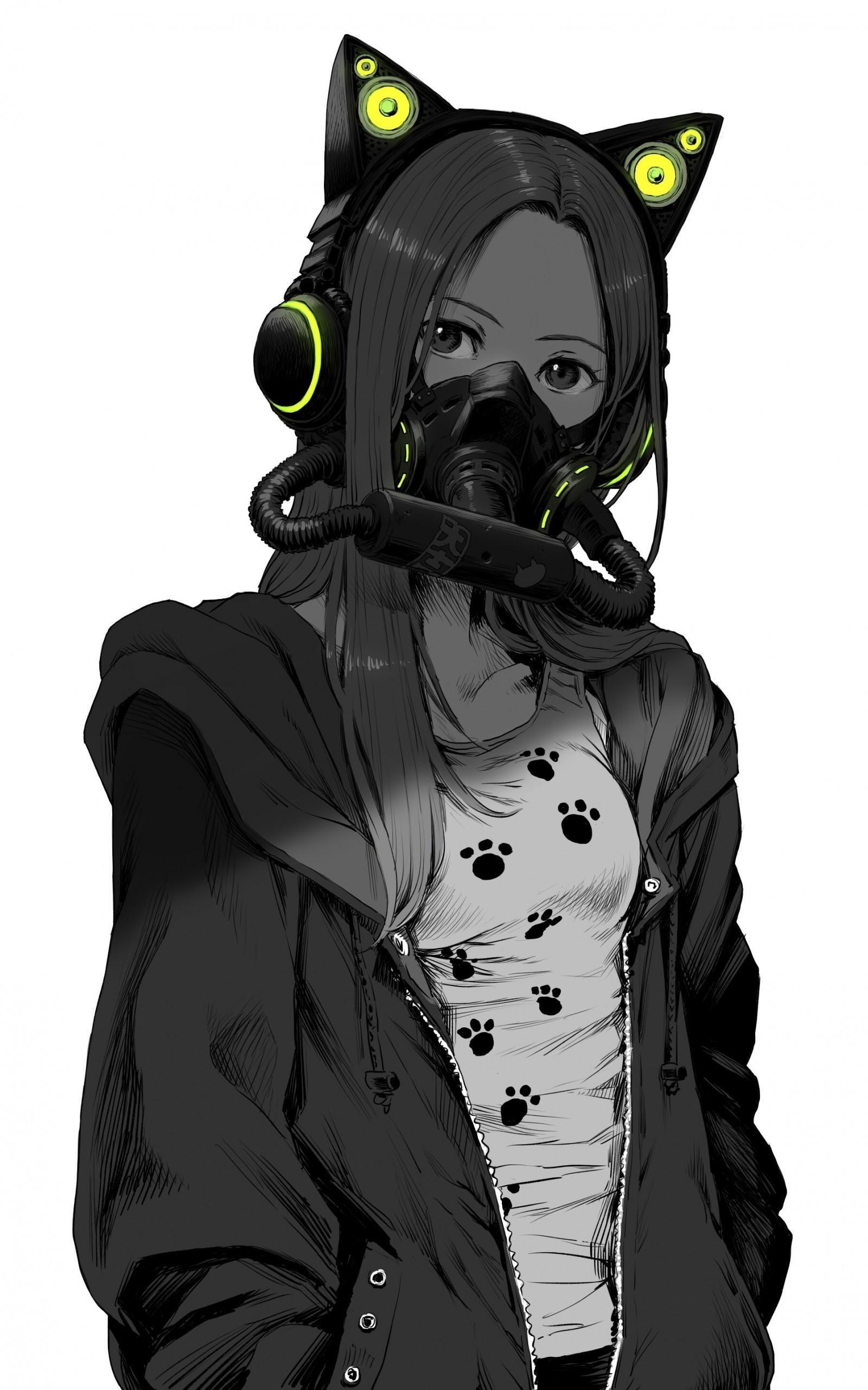 1600x2560 Download 1600x2560 Anime Girl, Mask, Jacket, Black And White, Manga Style Wallpaper for Google Nexus 10