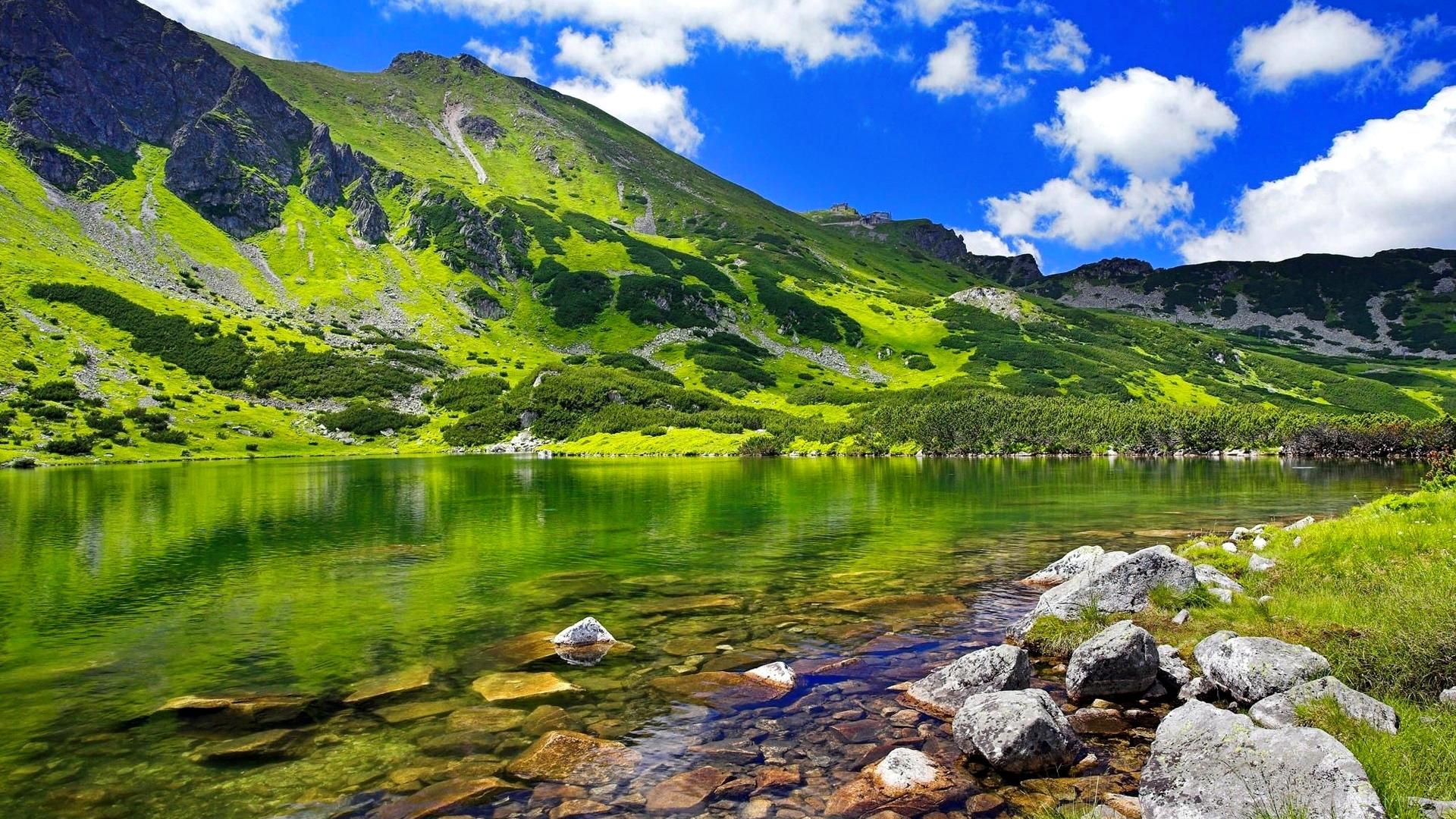 1920x1080 hills, shore, view, greenery, beautiful, sky, lake, mountain, tranquil, stones, serenity, mirror, crystal, reflection, tatras. Mocah HD Wallpaper