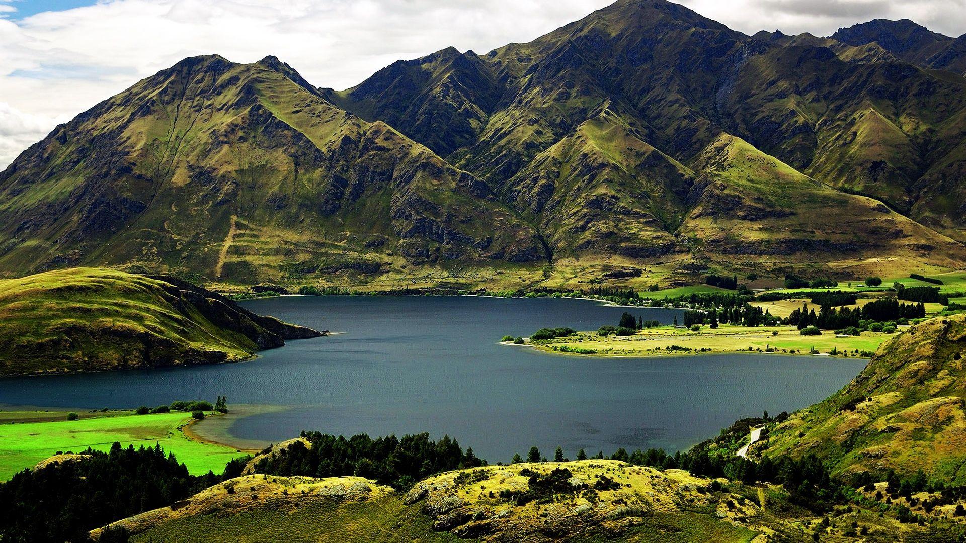 1920x1080 View Green Mountains And Lake In Full Screen. New zealand lakes, Lake wanaka, Outdoor