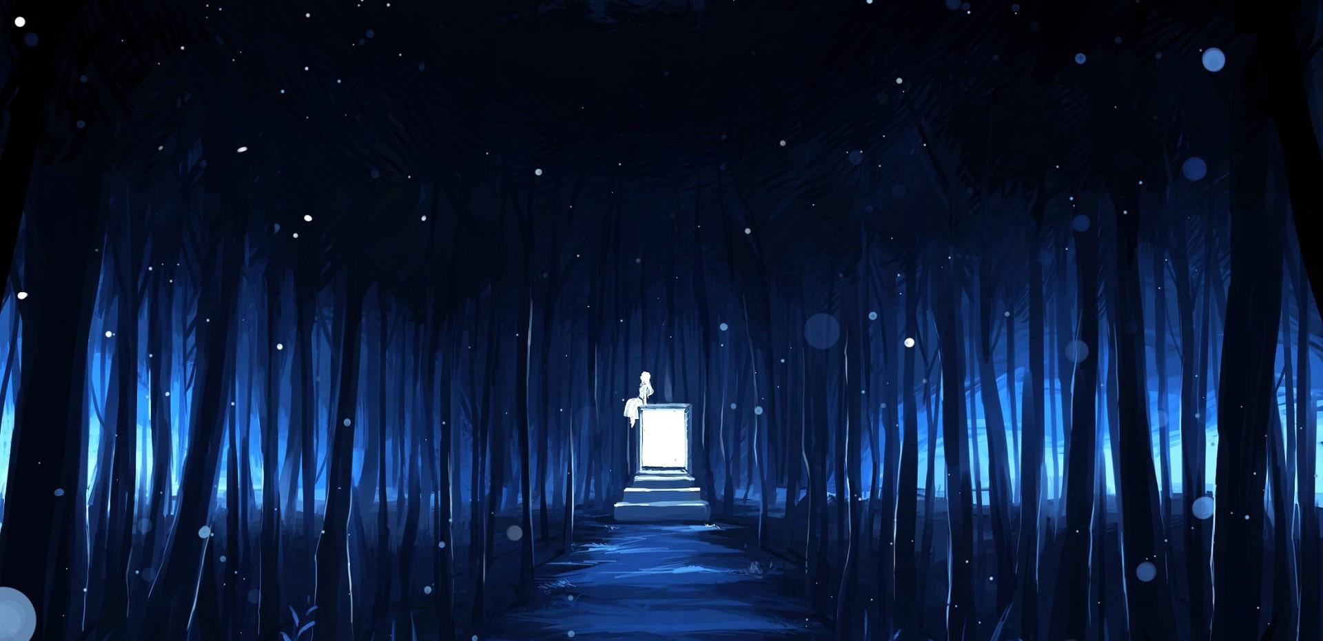 1920x930 Download 1920x930 Anime Landscape, Dark Forest, Stars, Moon Wallpaper