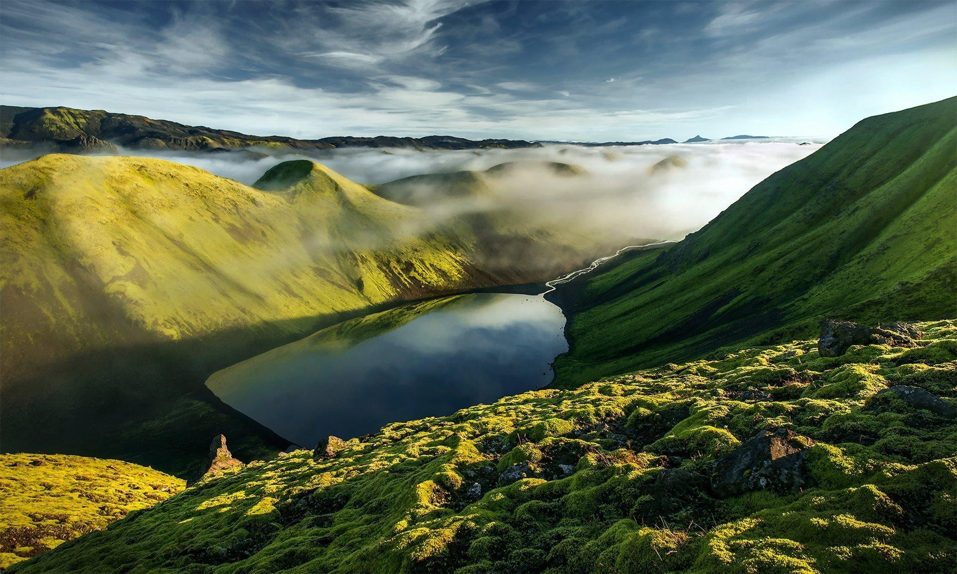1920x1151 Download wallpaper mountain lake, morning, river, mountains, green mountain for desktop with resolution 1920x1151. High Quality HD picture wallpaper