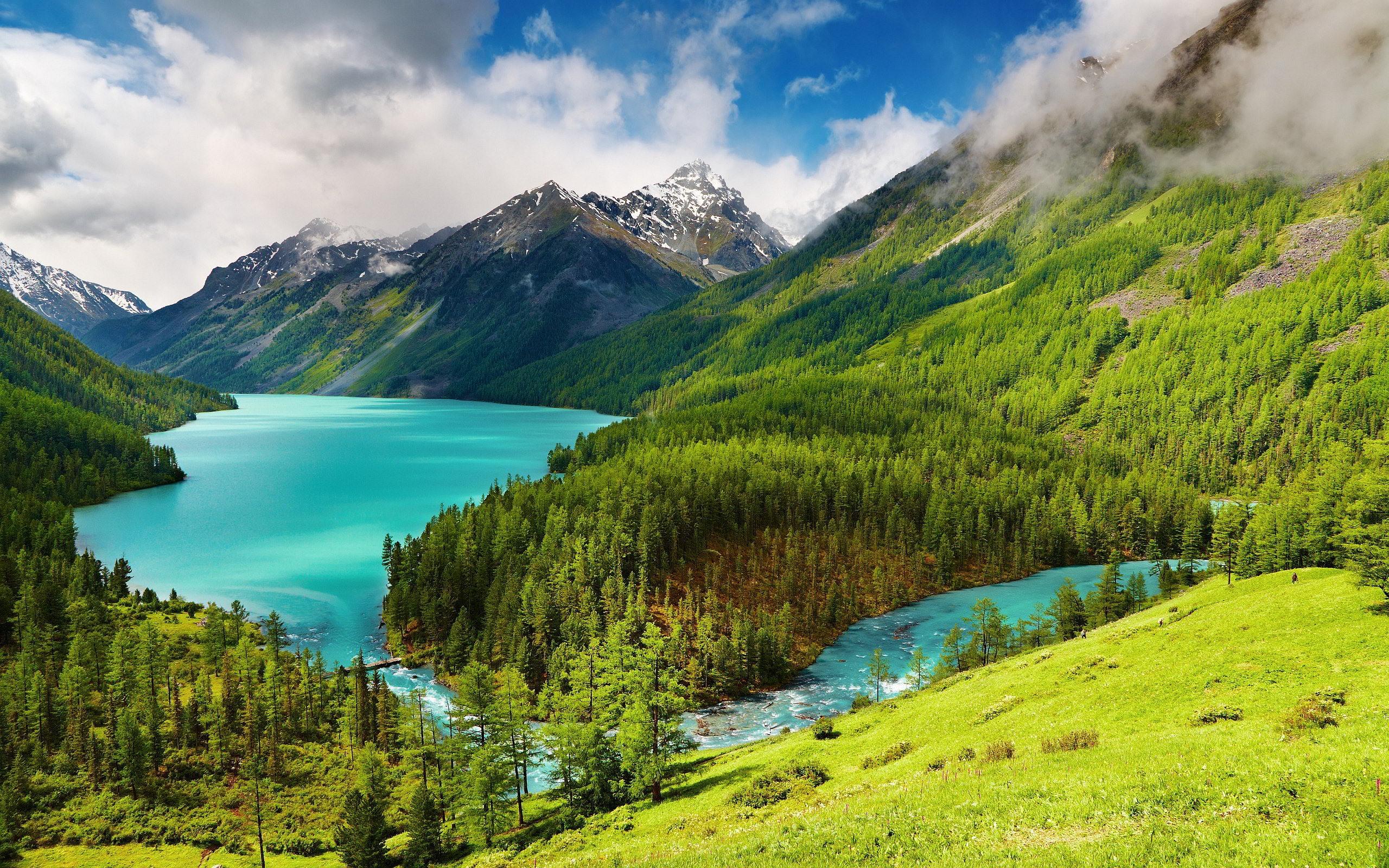 2560x1600 Wallpaper Beautiful nature landscape, trees, green, mountains, lake, clouds 2560x1600 HD Picture, Image