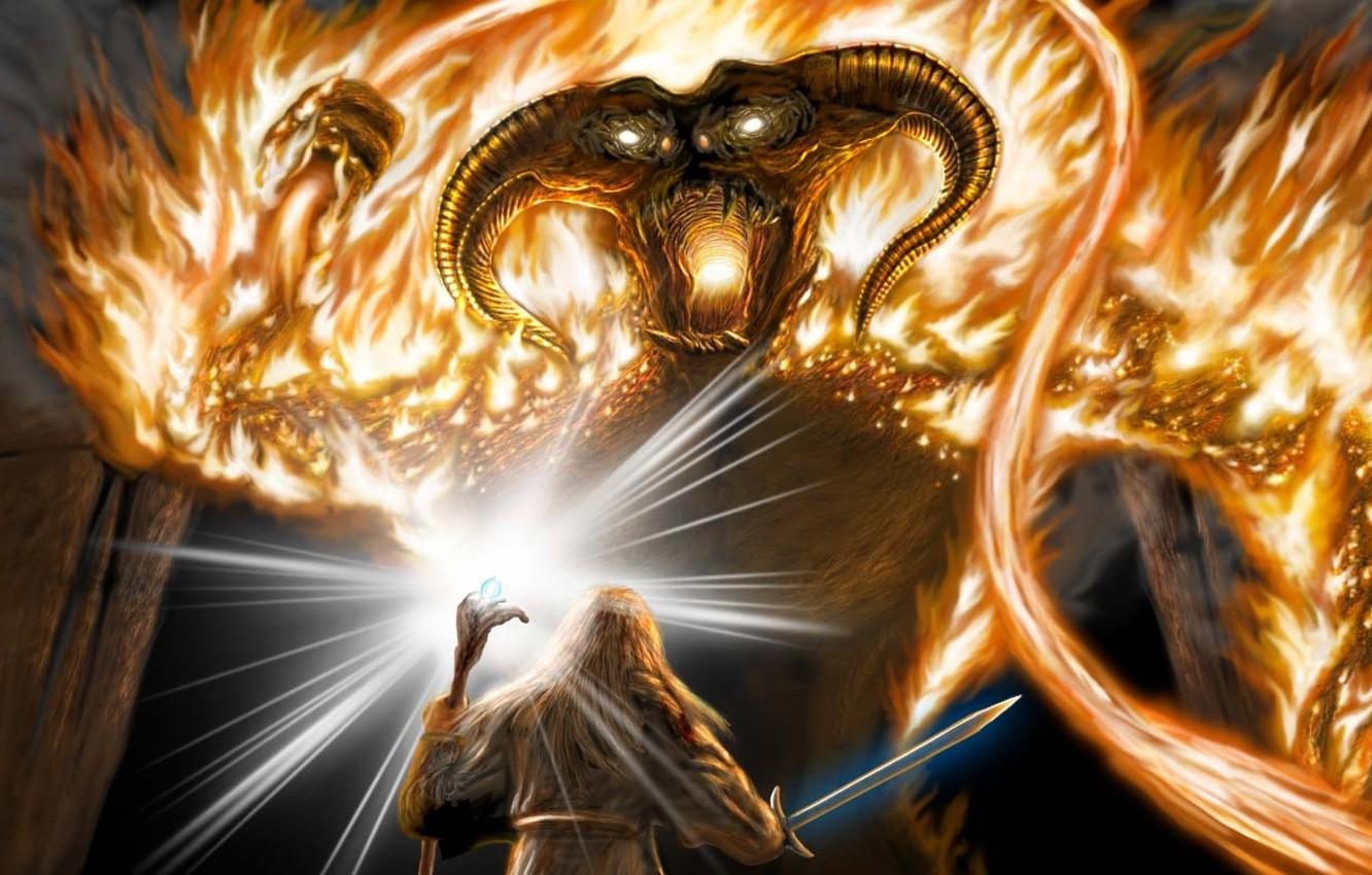 1332x850 Wallpaper sword, art, staff, battle, Balrog, Balrog, The Lord of the Rings, Moria, Gandalf, Gandalf image for desktop, section фантастика