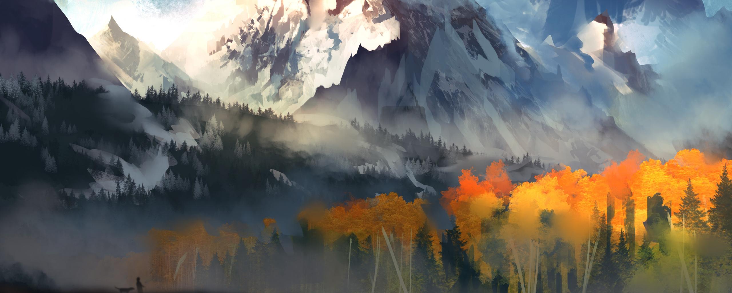 2560x1024 Download Autumn, trees, mountains, forest, fantasy wallpaper, 2560x Dual Wide, Wide 21: Widescreen