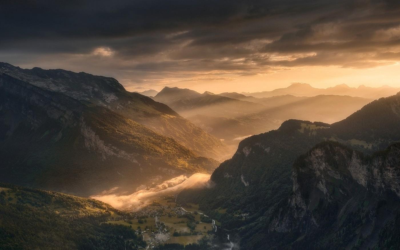 1400x875 nature, Landscape, Mountain, Valley, Mist, Clouds, Village, Sun Rays, France, Sky, Sunrise, Forest Wallpaper HD / Desktop and Mobile Background