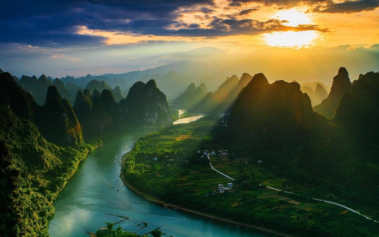 1230x768 landscape, Nature, Mountain, River, Sun Rays, Clouds, Village, Mist, China, Sunset, Field Wallpaper HD / Desktop and Mobile Background