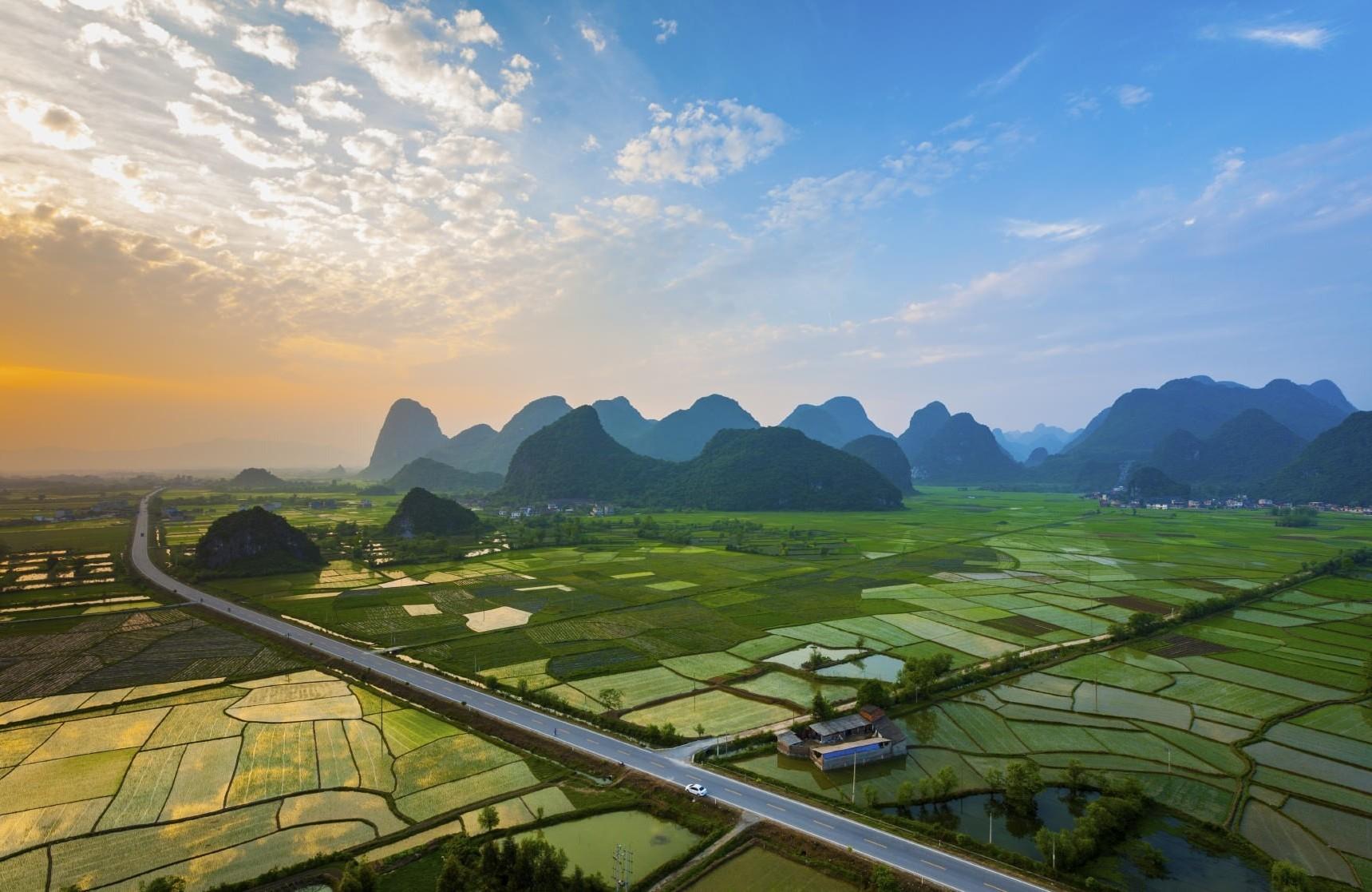 1719x1117 landscape photography nature field mountains sunset road clouds village guilin china rice paddy wallpaper