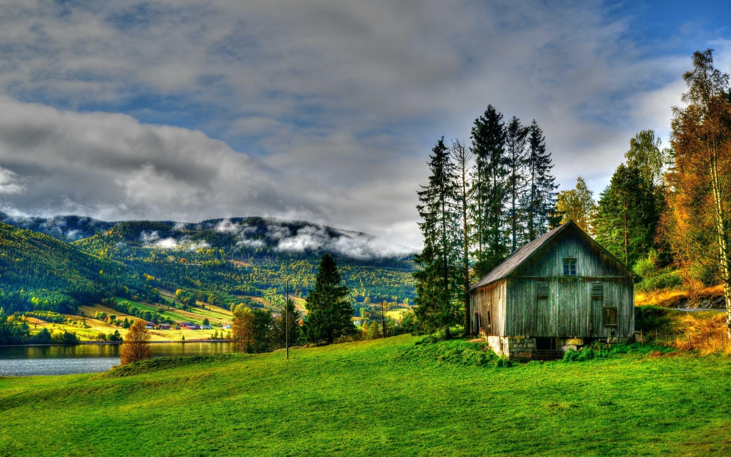 2500x1563 landscape nature hut lake grass fall trees hdr clouds village field forest building power lines HD wallpaper, Background