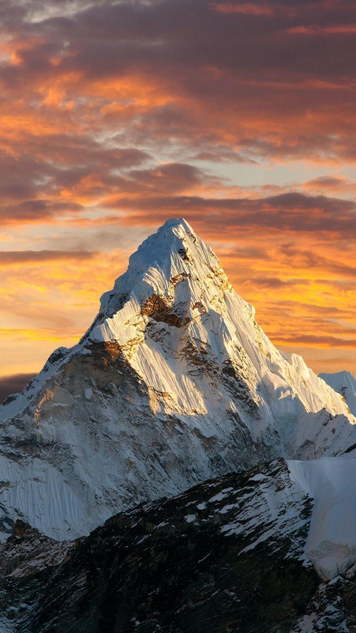 720x1280 Sunset, clouds, sky, mountain's peak, 720x1280 wallpaper. Landscape wallpaper, Mountain paintings, Nature wallpaper