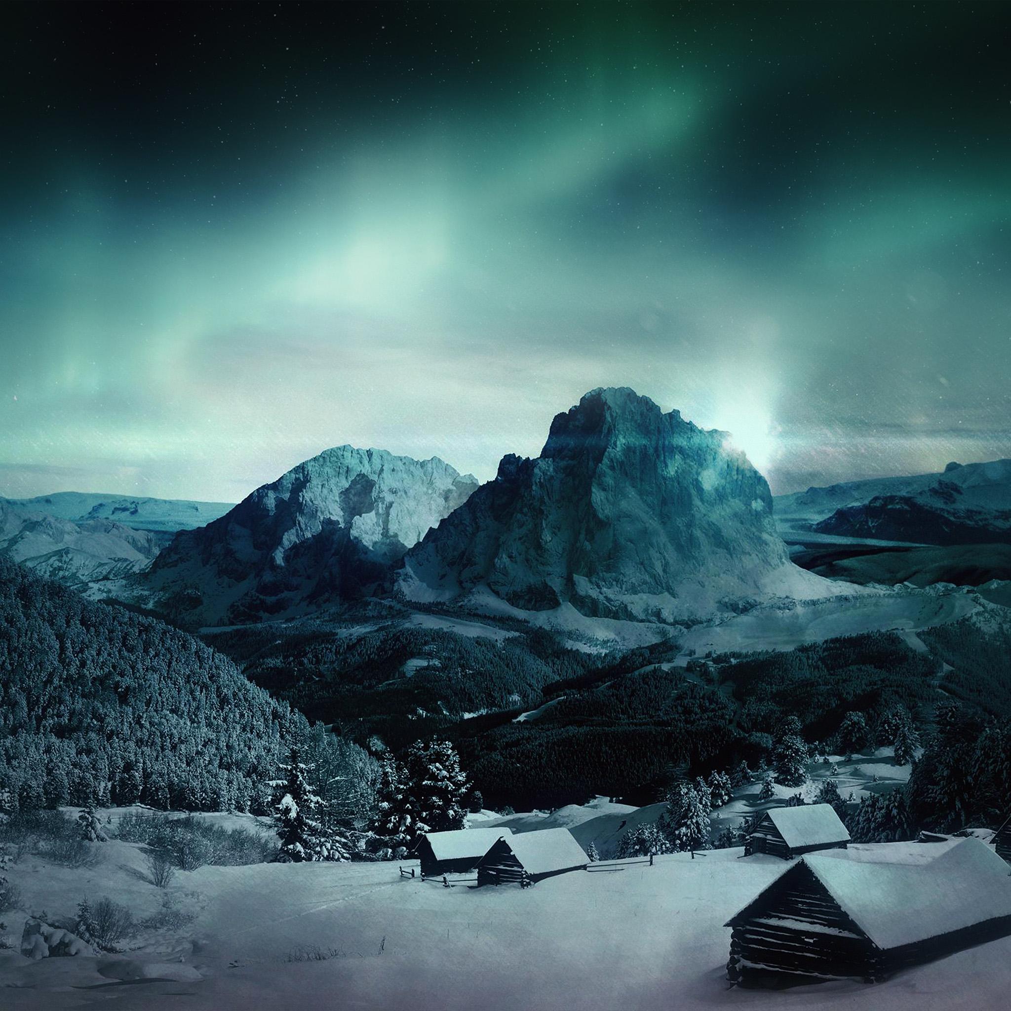2048x2048 Night Sky Mountain Snow Winter Aurora Wallpaper