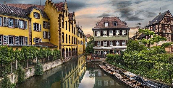 585x300 Colmar France Town Village Architecture Houses Buildings Hdr Canal Waterway Water Reflection Sky Clouds Desktop Background Wallpaper