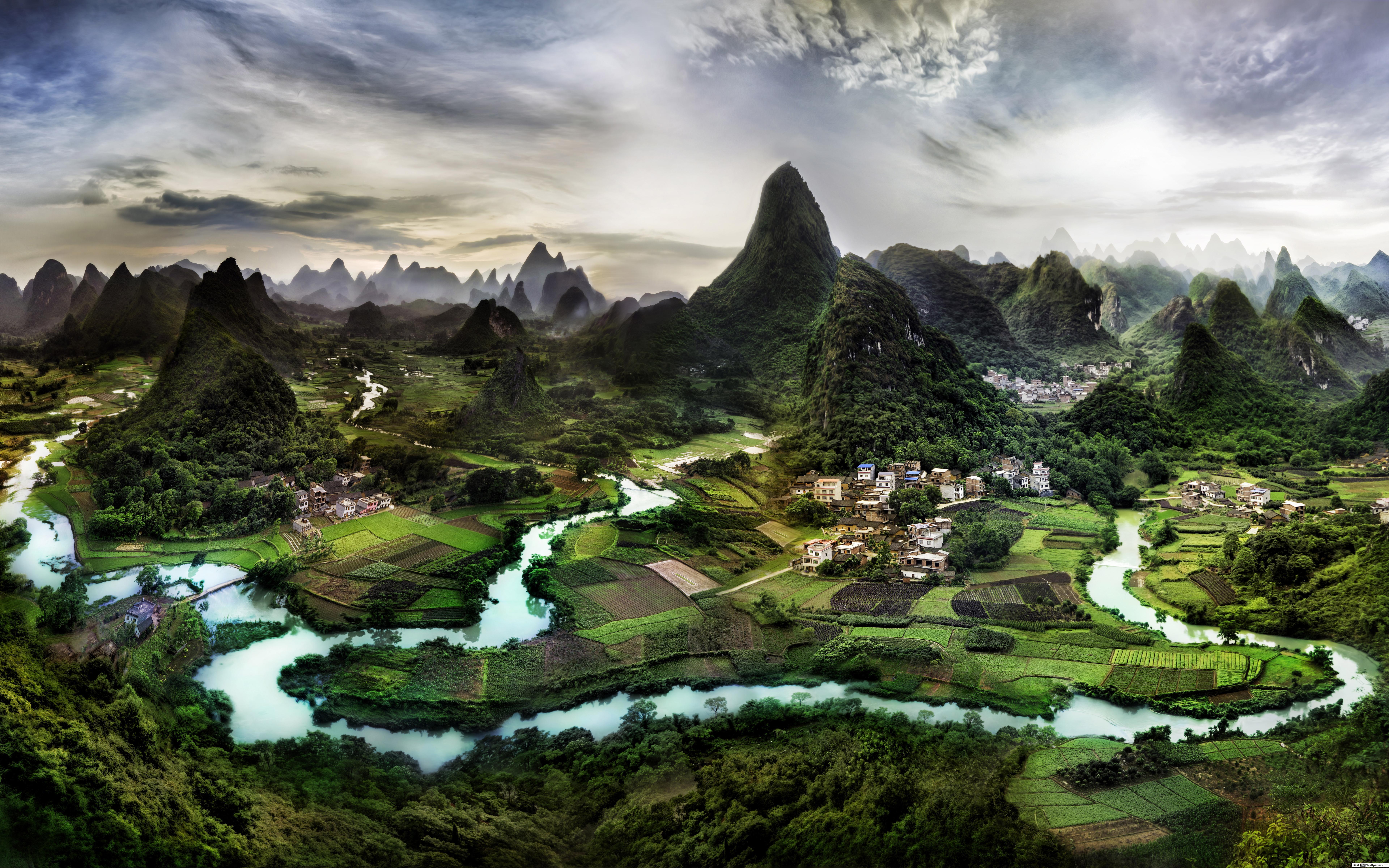 7680x4800 View of the village in the countryside HD wallpaper download