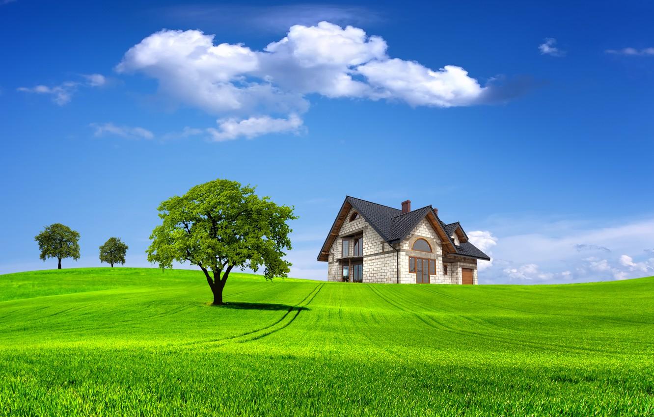 1332x850 Wallpaper field, summer, the sky, grass, clouds, trees, landscape, nature, house, tree, house, summer, house, grass, sky, trees image for desktop, section рендеринг
