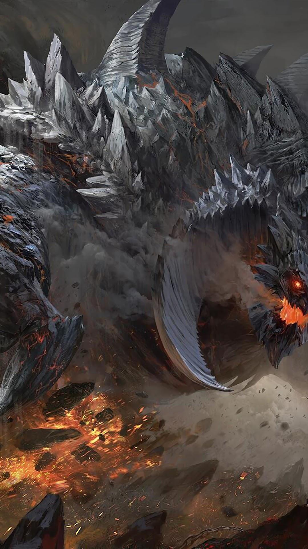 1080x1920 epic wallpaper, geological phenomenon, cg artwork, demon, dragon, fictional character, illustration, volcanic field, lava, graphics