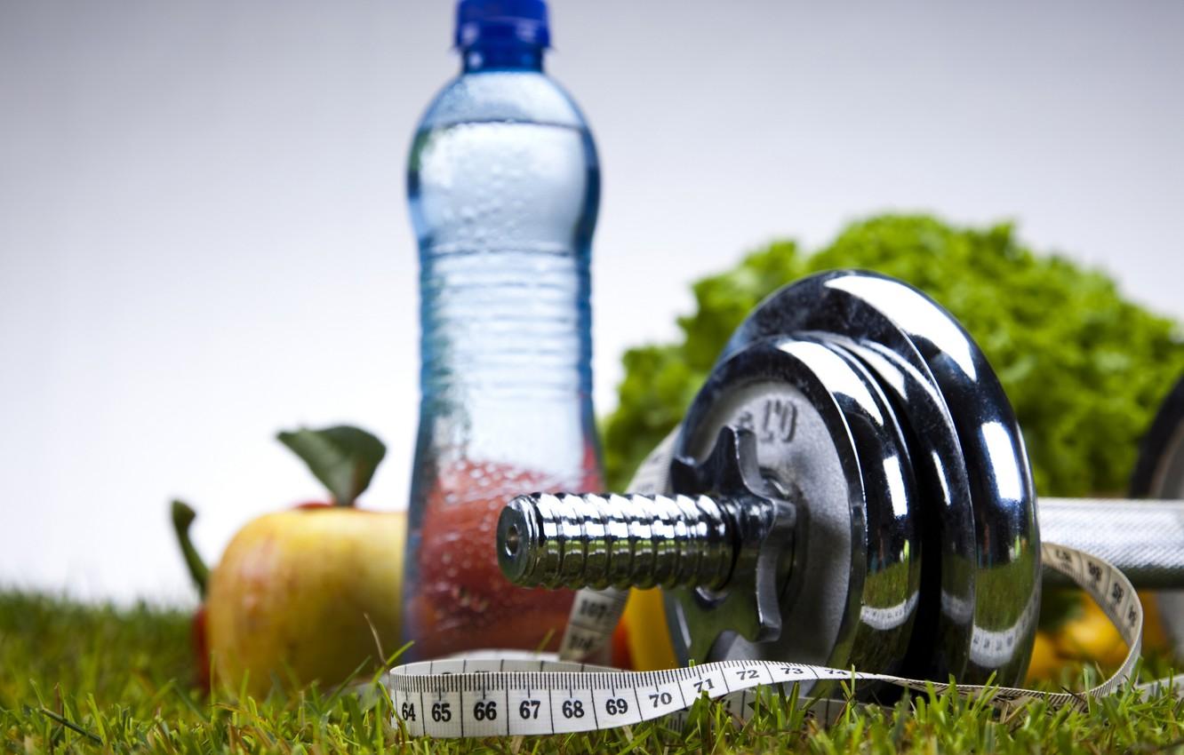 1332x850 Wallpaper water, sport, apples, bottle, fitness, dumbbell image for desktop, section спорт