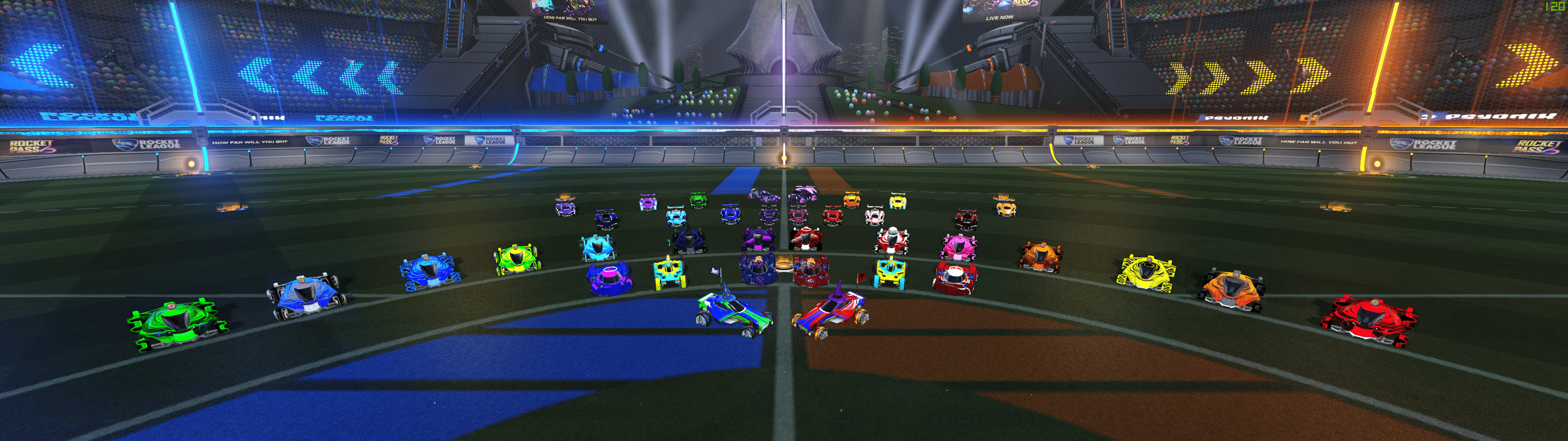 3840x1080 I made a Rocket League wallpaper of all my presets =D Set to a resolution of 3840x1080 in order to go across my duel monitor setup. Orange team cars on my right