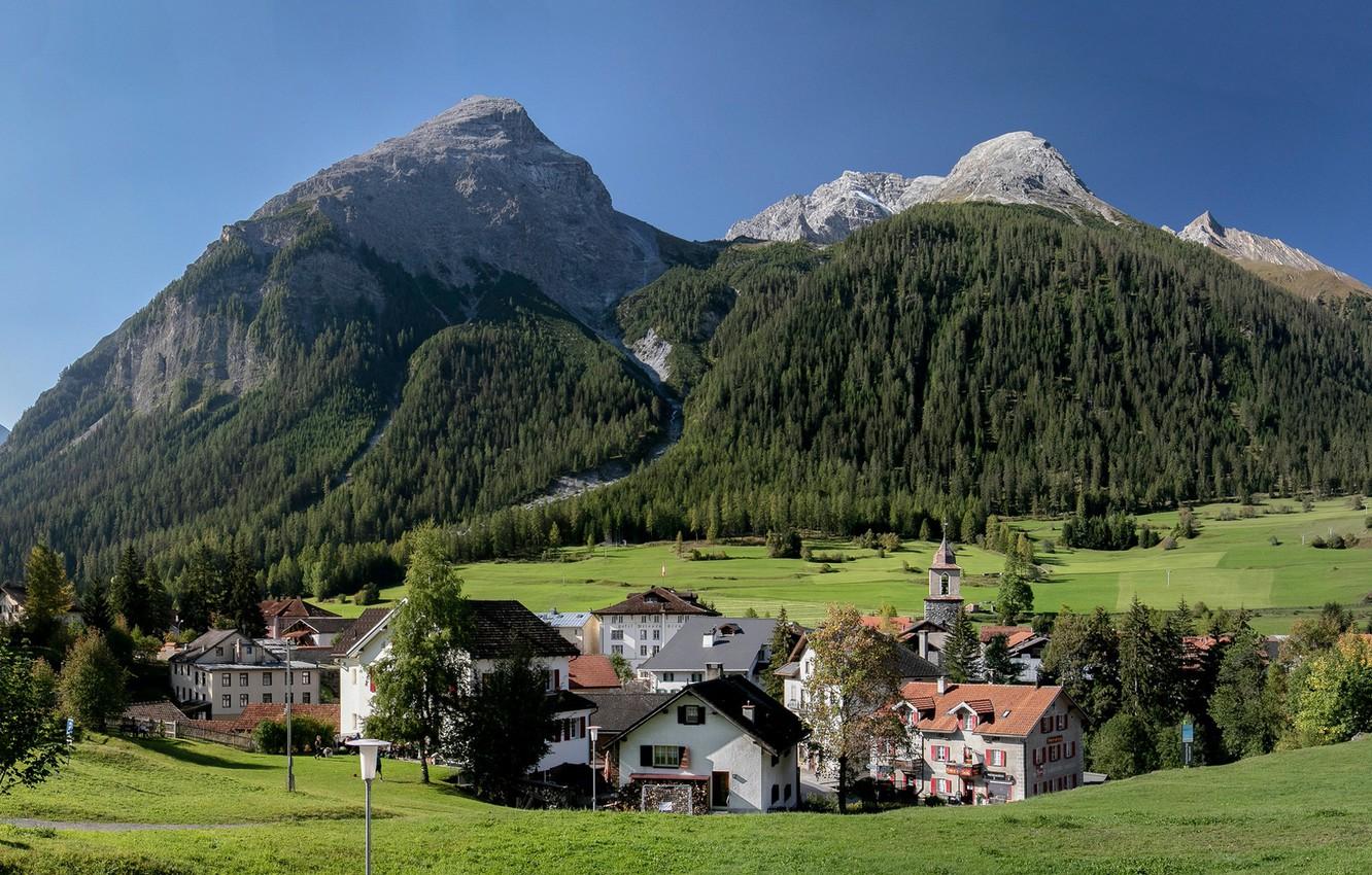 1332x850 Wallpaper trees, mountains, home, Switzerland, valley, village, Alps, Switzerland, The bergu, Bergün, Albula Alps image for desktop, section пейзажи