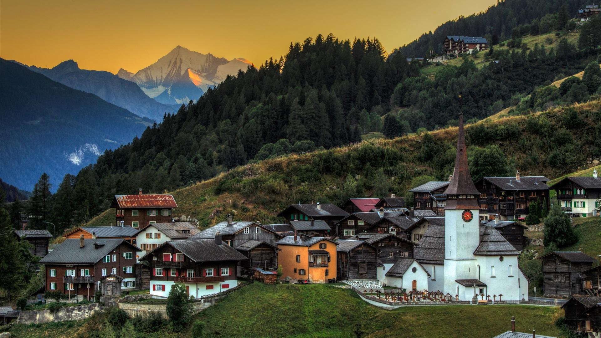 1920x1080 Wallpaper Switzerland, church, trees, slope, mountains, town, dusk 3840x2160 UHD 4K Picture, Image