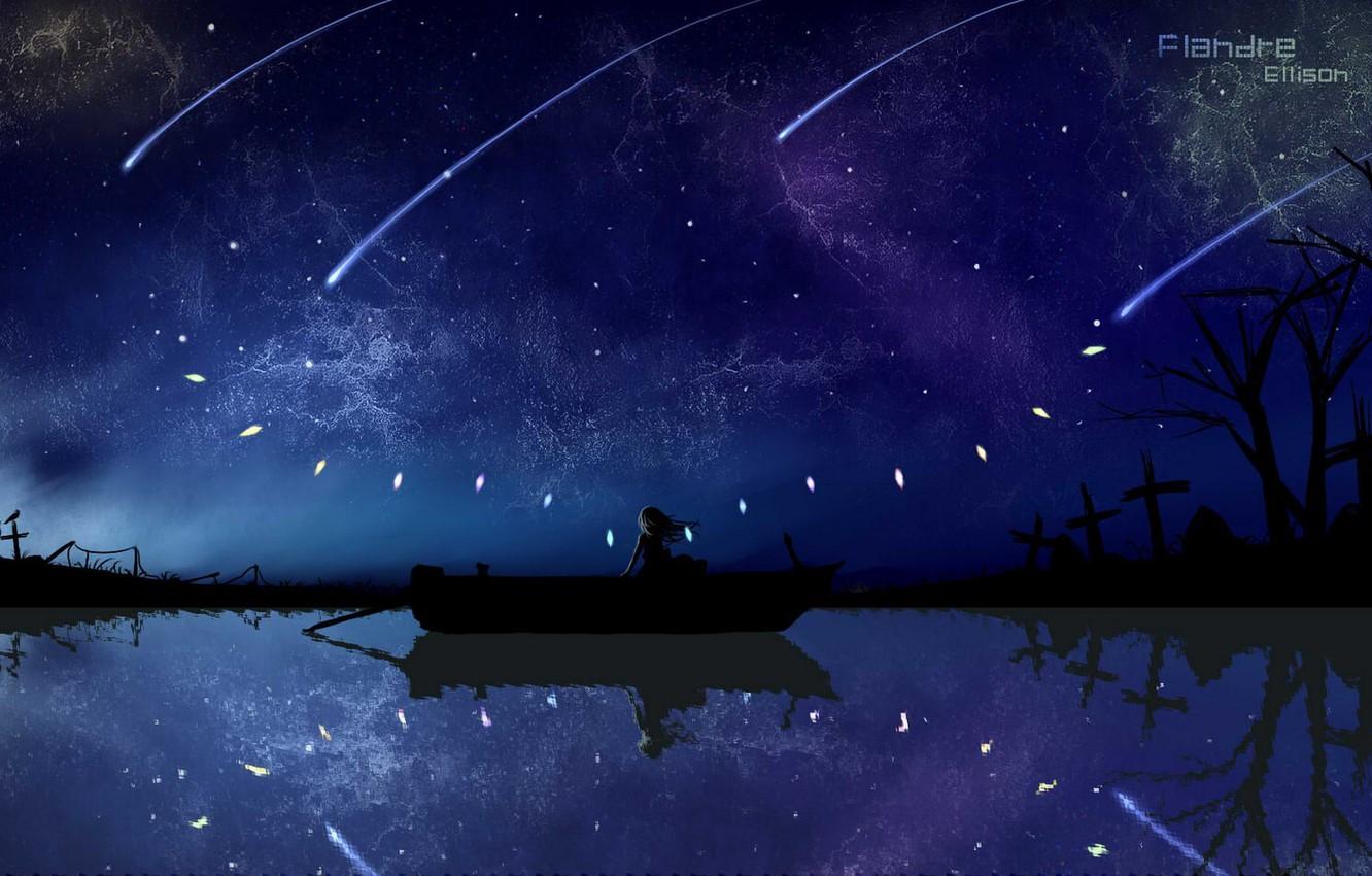 1332x850 Wallpaper the sky, water, girl, stars, night, boat, wings, anime, art, crystals, touhou, flandre scarlet image for desktop, section прочее
