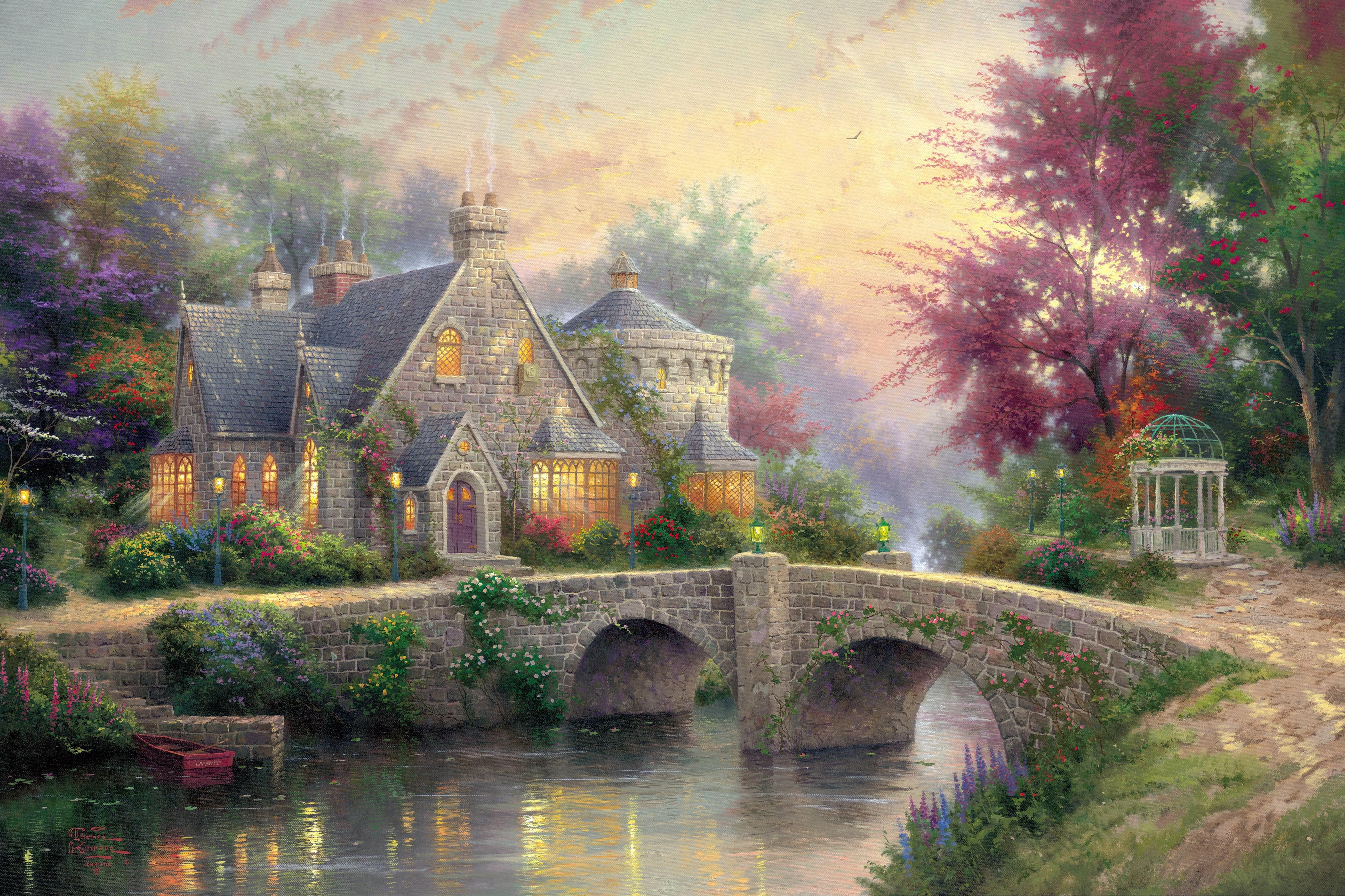 5391x3592 Artistic Bridge Colorful Colors Cottage Painting Spring Wallpaper:5391x3592