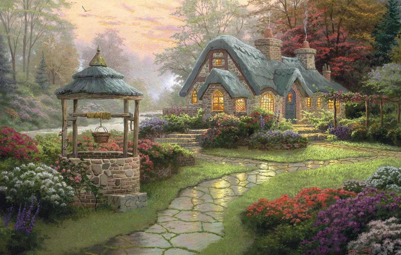 1332x850 Wallpaper forest, flowers, track, Landscape, painting, cottage, Thomas Kinkade, Make A Wish Cottage, well image for desktop, section живопись