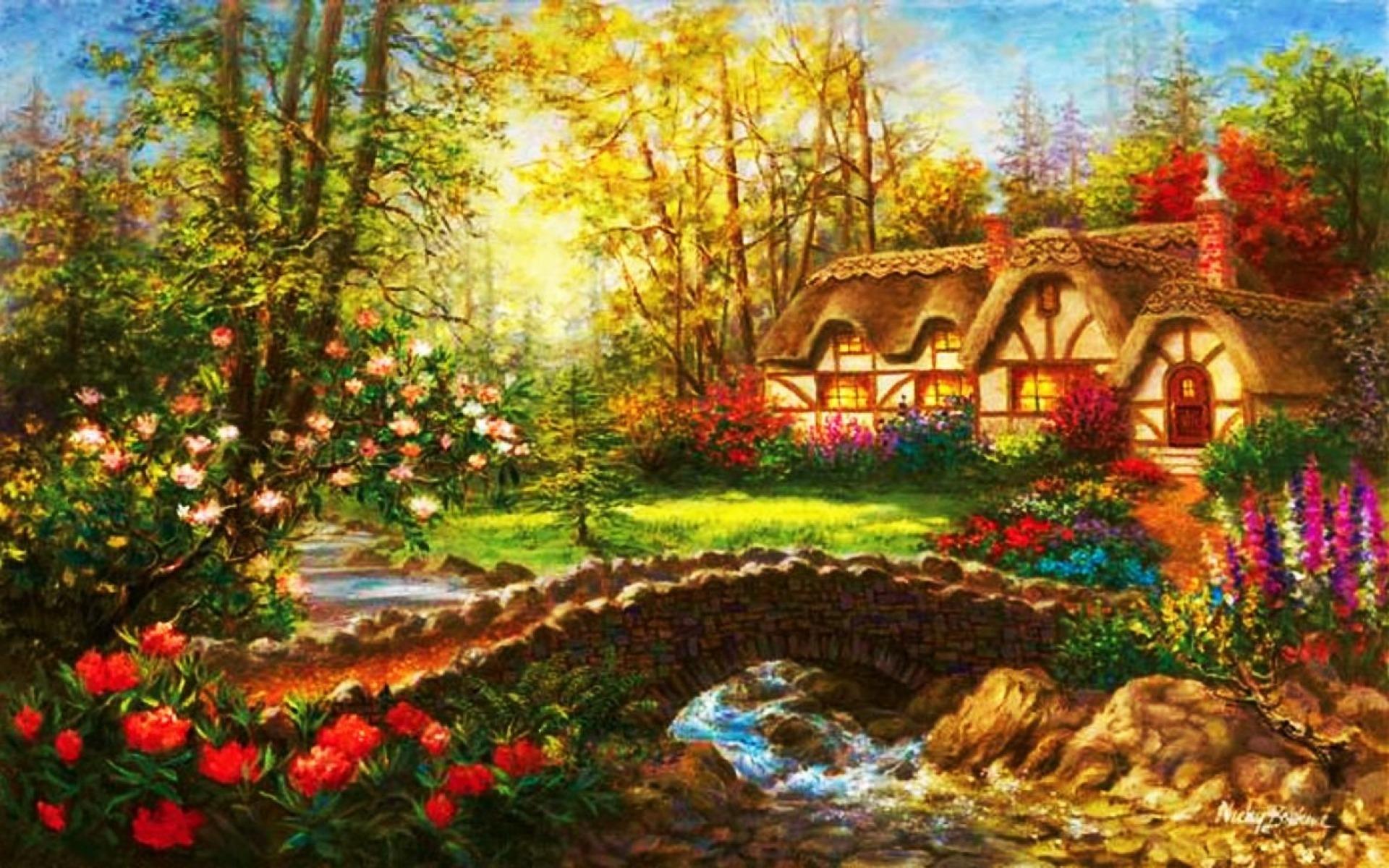 1920x1200 Wood Flowers Bridge Cottage wallpaper. Wood Flowers Bridge Cottage