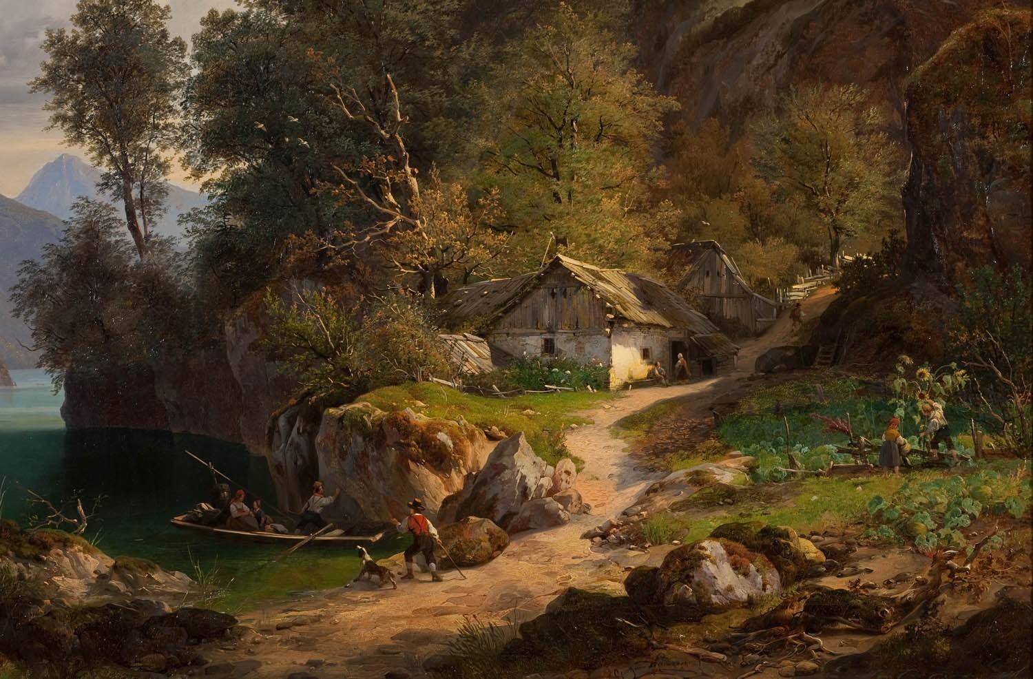 1500x986 #boat, #classic art, #painting, #path, #rock, #pastoral, #trees, # cottage, wallpaper. Mocah HD Wallpaper