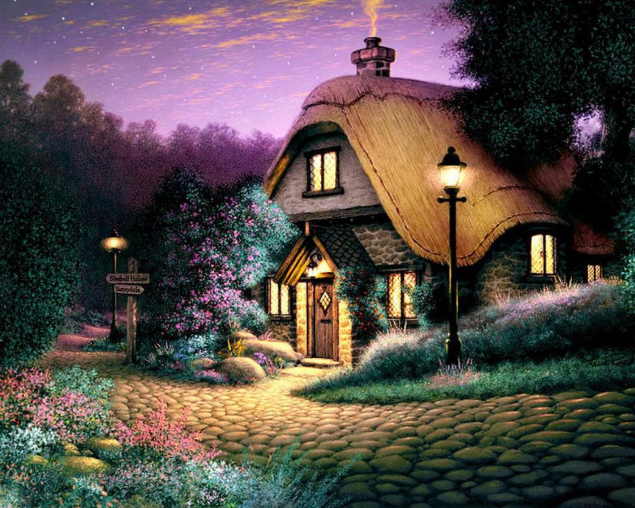 1280x1024 cottage wallpaper, painting, house, natural landscape, home, sky, purple, tree, landscape, building, illustration