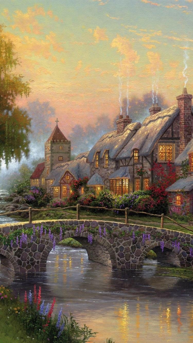 750x1334 Art Painting, Cobblestone Bridge, Cottage, River, Houses, Trees 750x1334 IPhone 8 7 6 6S Wallpaper, Background, Picture, Image