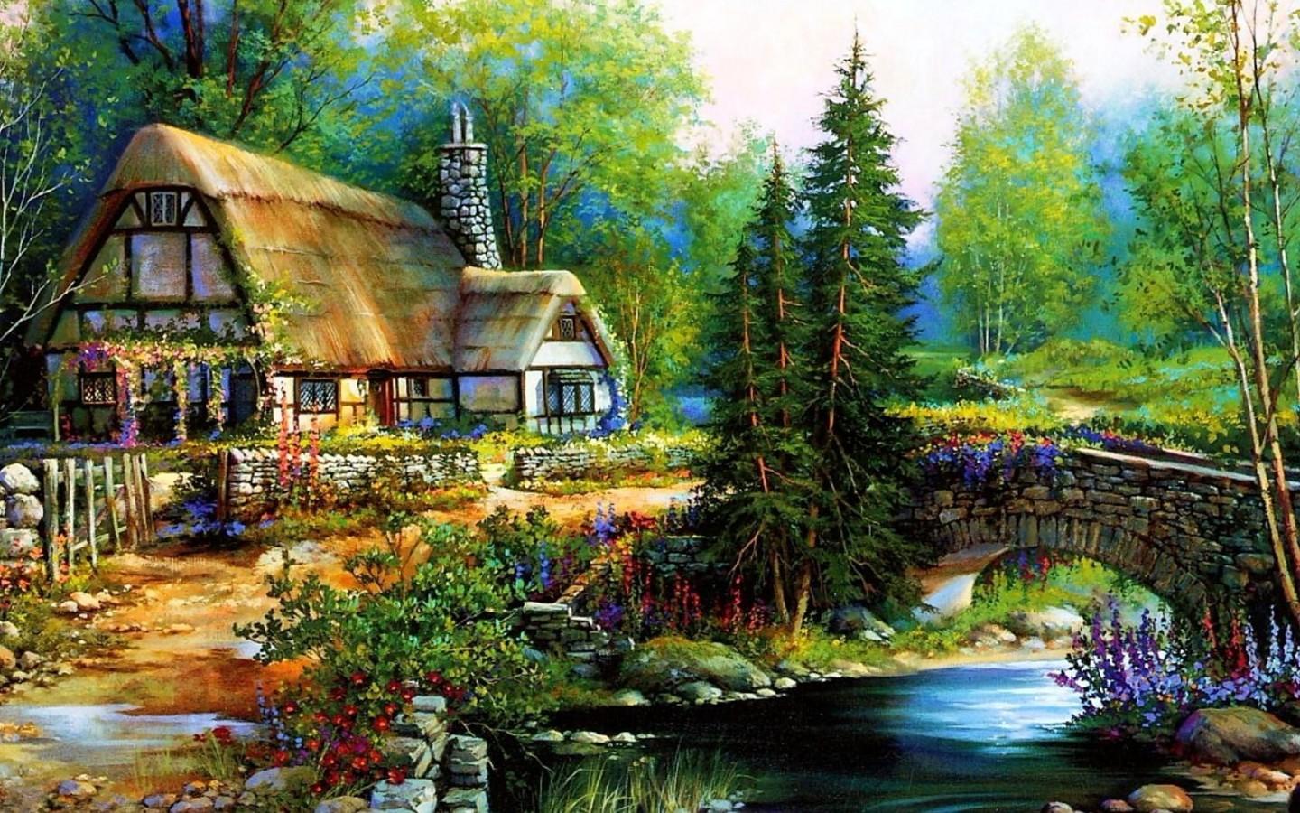 1440x900 cottage wallpaper, natural landscape, nature, painting, home, watercolor paint