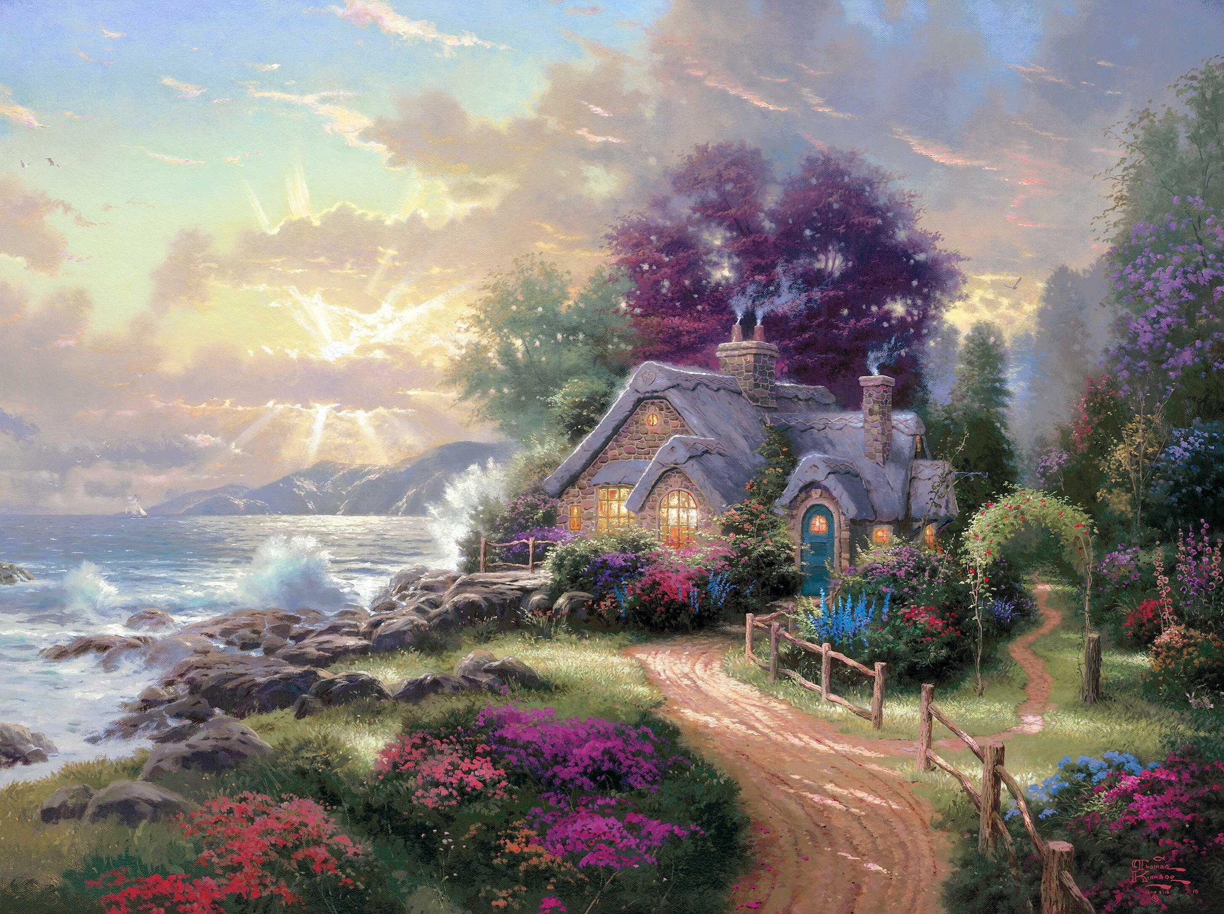 2500x1866 Artistic Colorful Cottage Ocean Painting Sunset wallpaperx1866