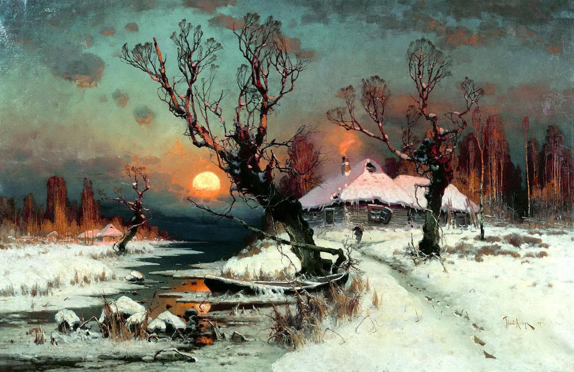 1854x1200 #snow, #Sun, #dead trees, #stream, #painting, #classic art, #cottage, #winter, wallpaper. Mocah HD Wallpaper