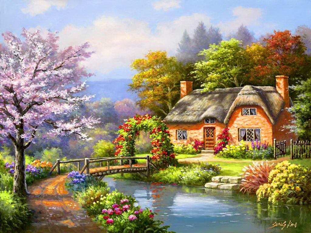 1024x768 Spring Cottage Wallpaper