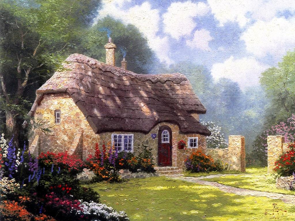 1024x768 Charming Cottages & Gardens Kinkade Art Painting Wallpaper 1024x768 NO.19 Desktop Wallpaper