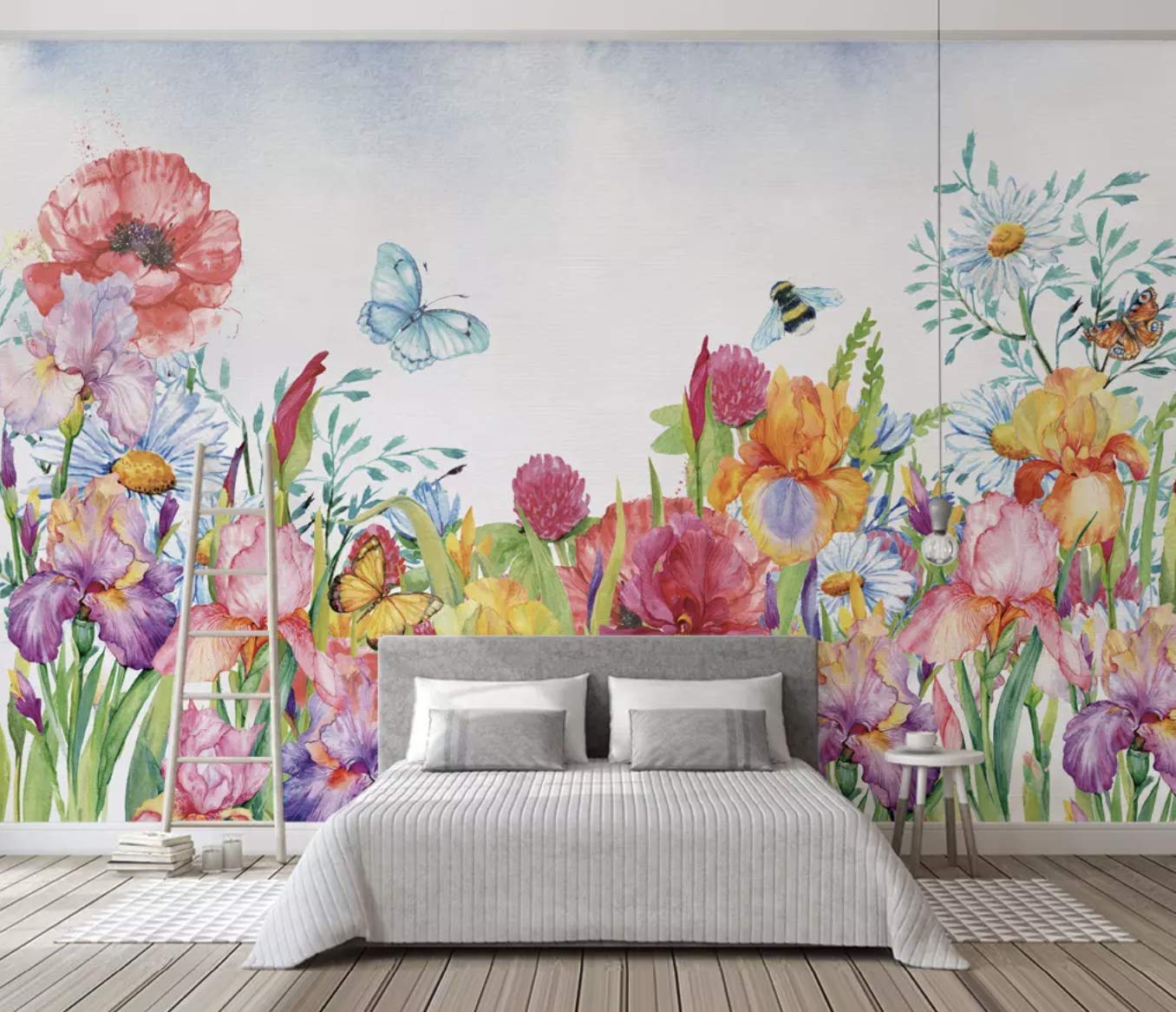 1356x1166 Murwall Floral Wallpaper Watercolor Flower Wall Mural Daisy Poppy Wall Art Boho Home Decor Bohemian Cafe Design Living Room Entryway : Handmade Products