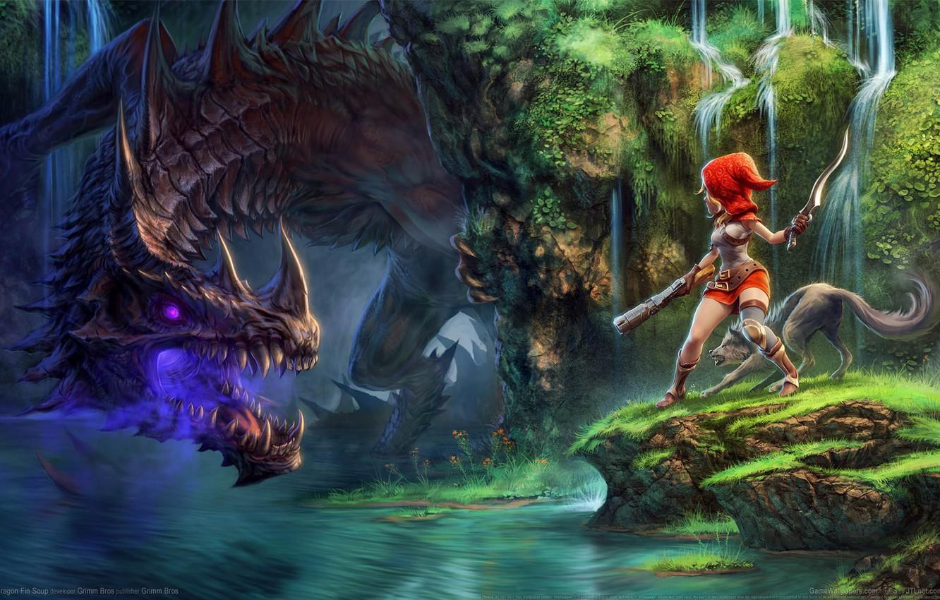 1332x850 Wallpaper girl, nature, river, dragon, waterfall, wolf, Dragon Fin Soup image for desktop, section игры