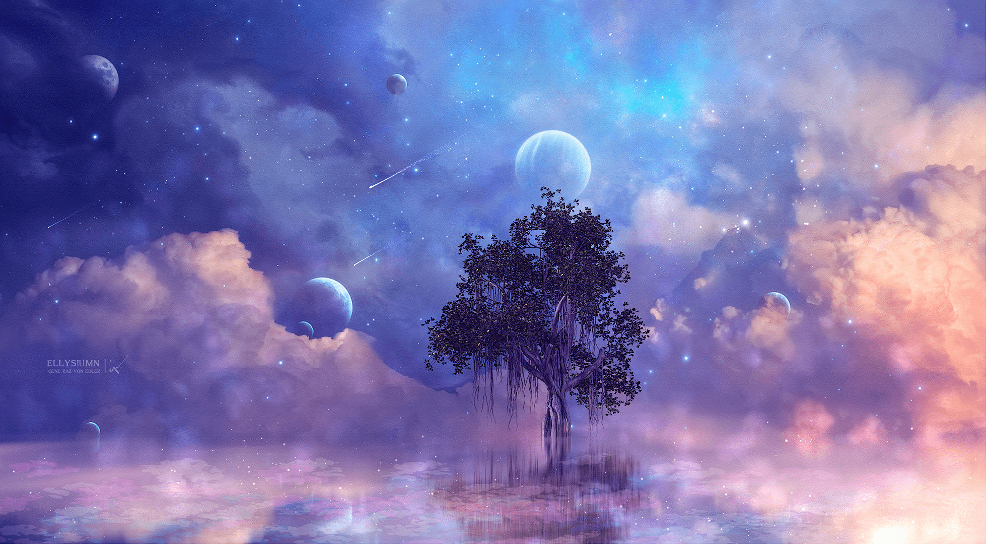 1958x1080 Fantasy, Planet, Blue, Cloud, Tree, Stars, Starry Sky, Artistic, Purple wallpaper