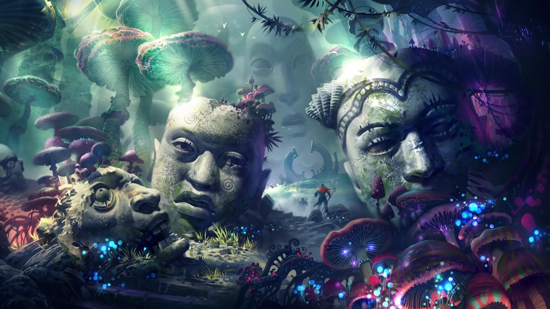 1920x1080 illustration, fantasy art, artwork, mushroom, sculpture, sun rays, statue, warrior, psychedelic, head, ART, screenshot, computer wallpaper, special effects, psychedelic art. Mocah HD Wallpaper