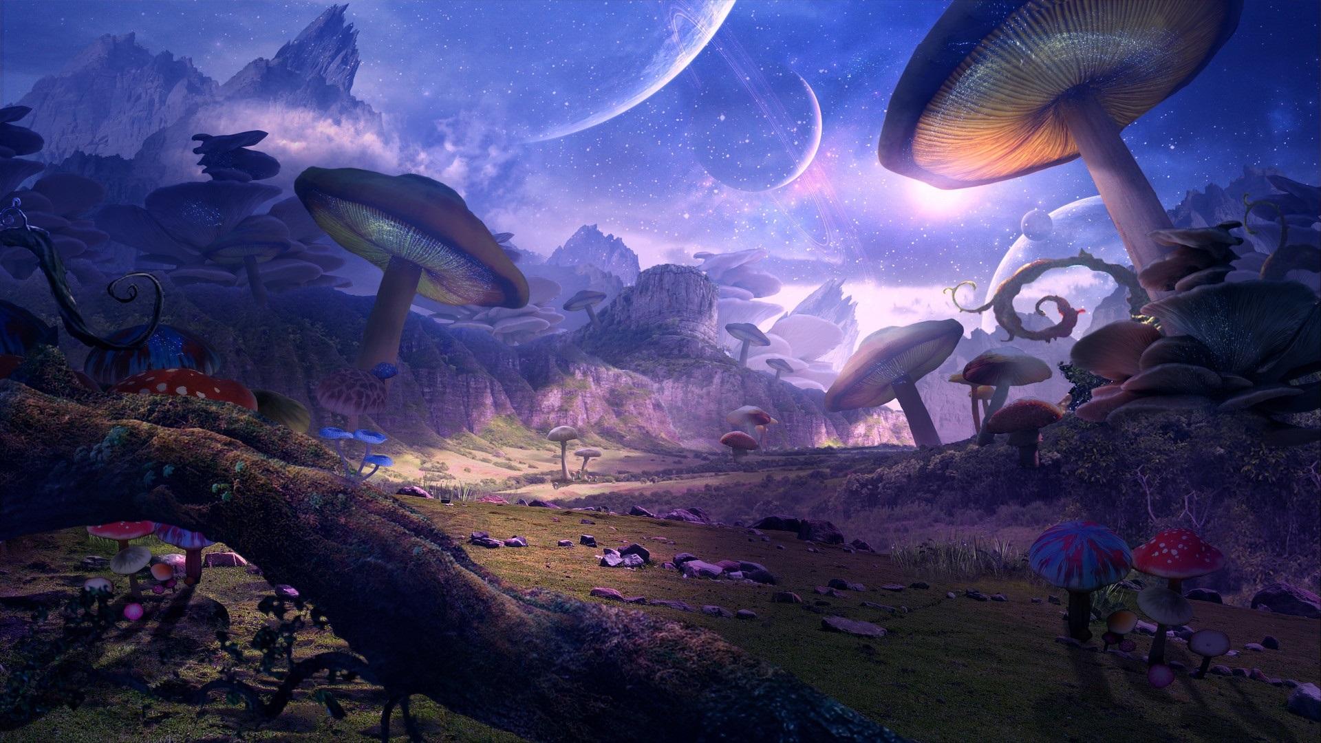 1920x1080 Wallpaper Fantasy world, planet, mushrooms, art picture 1920x1080 Full HD 2K Picture, Image