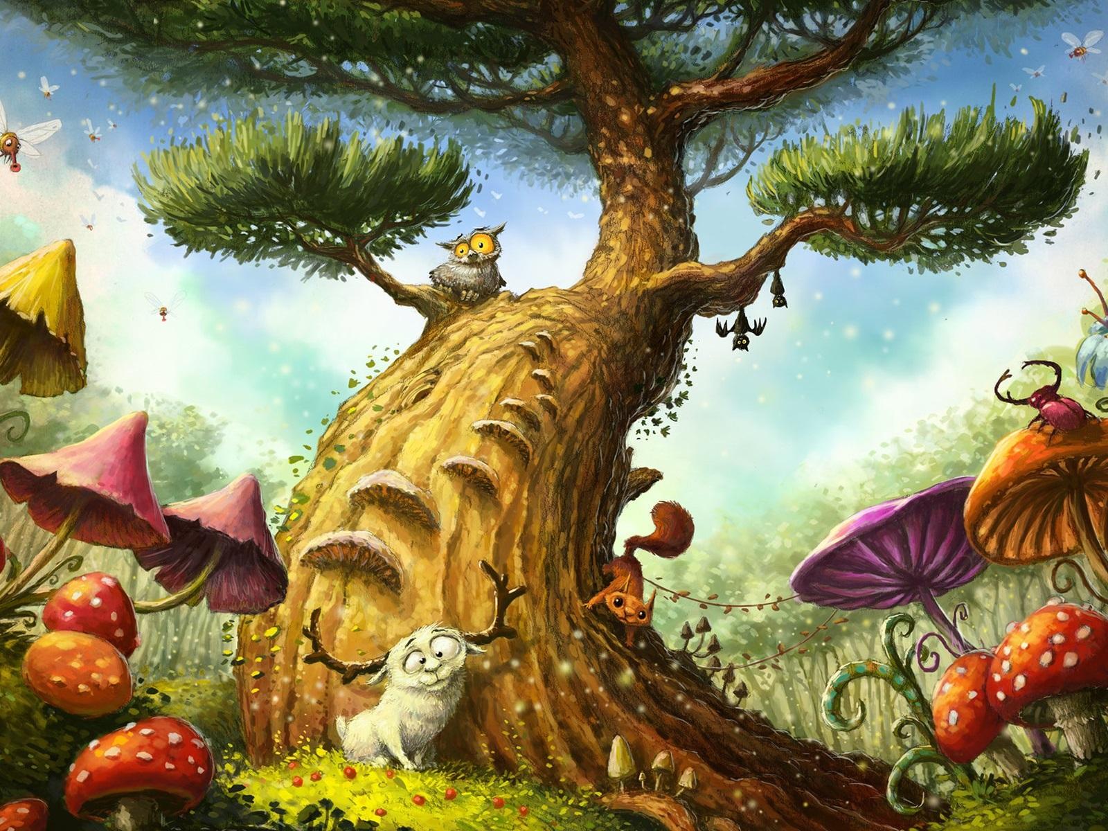 1600x1200 Wallpaper Magic tree, owl, mushroom, sheep, art painting 1920x1200 HD Picture, Image