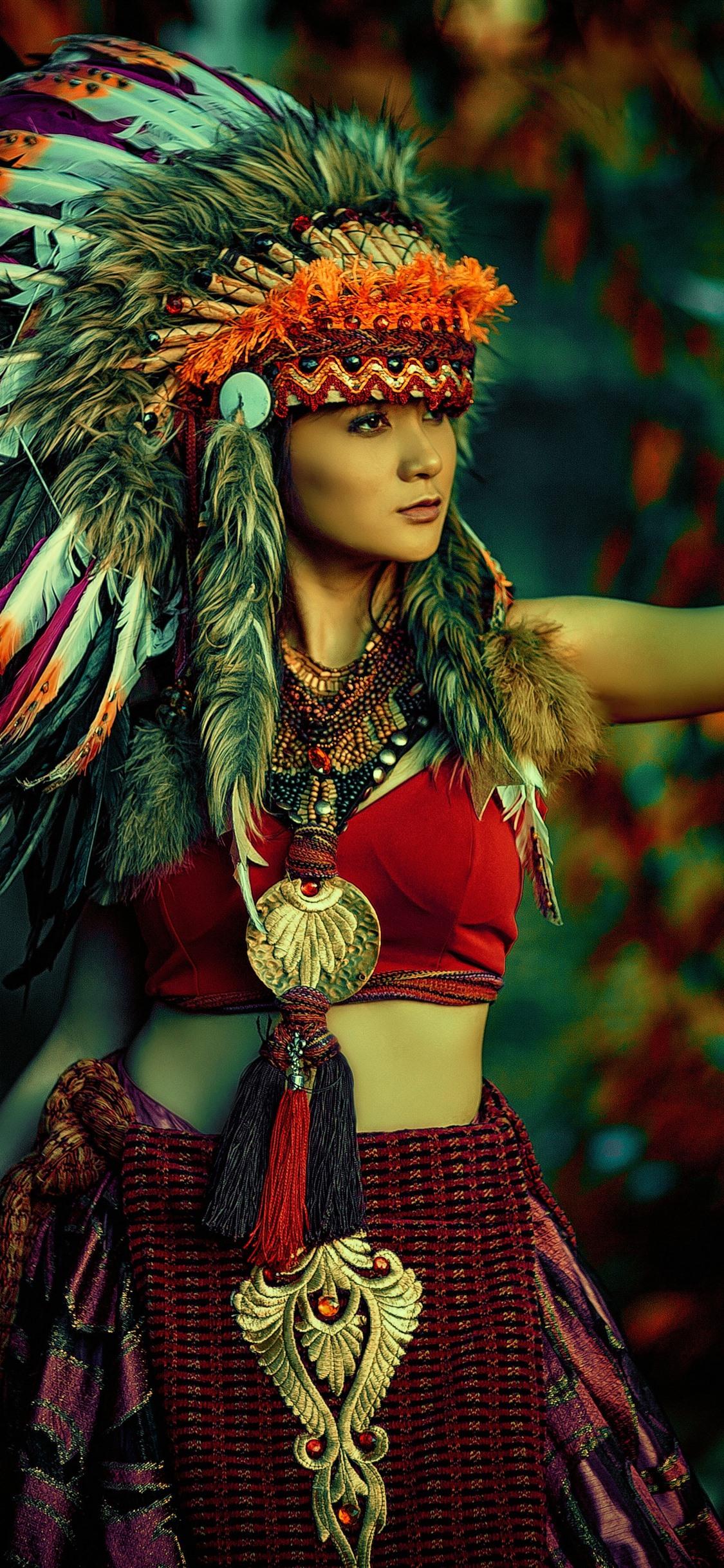 1125x2436 India Style Girl, Feathers, Decoration 1242x2688 IPhone 11 Pro XS Max Wallpaper, Background, Picture, Image