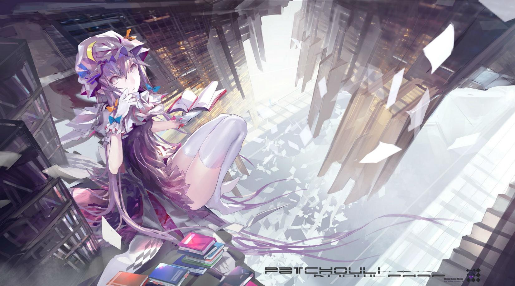 1652x920 book, Bow, Dress, Gloves, Hat, Kiwamu, Long, Hair, Patchouli, Knowledge, Purple, Eyes, Purple, Hair, Stairs, Thighhighs, Touhou, Zettai, Ryouiki Wallpaper HD / Desktop and Mobile Background