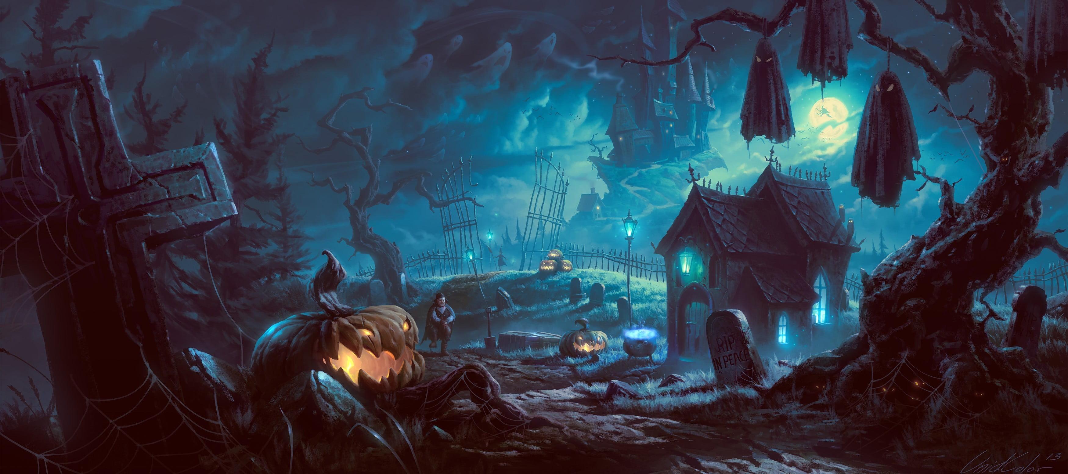 3500x1553 Free download Halloween house poster artwork fantasy art Halloween pumpkin [3500x1553] for your Desktop, Mobile & Tablet. Explore Halloween Picture Wallpaper. Halloween Wallpaper Free, Free Wallpaper Picture, Free Halloween