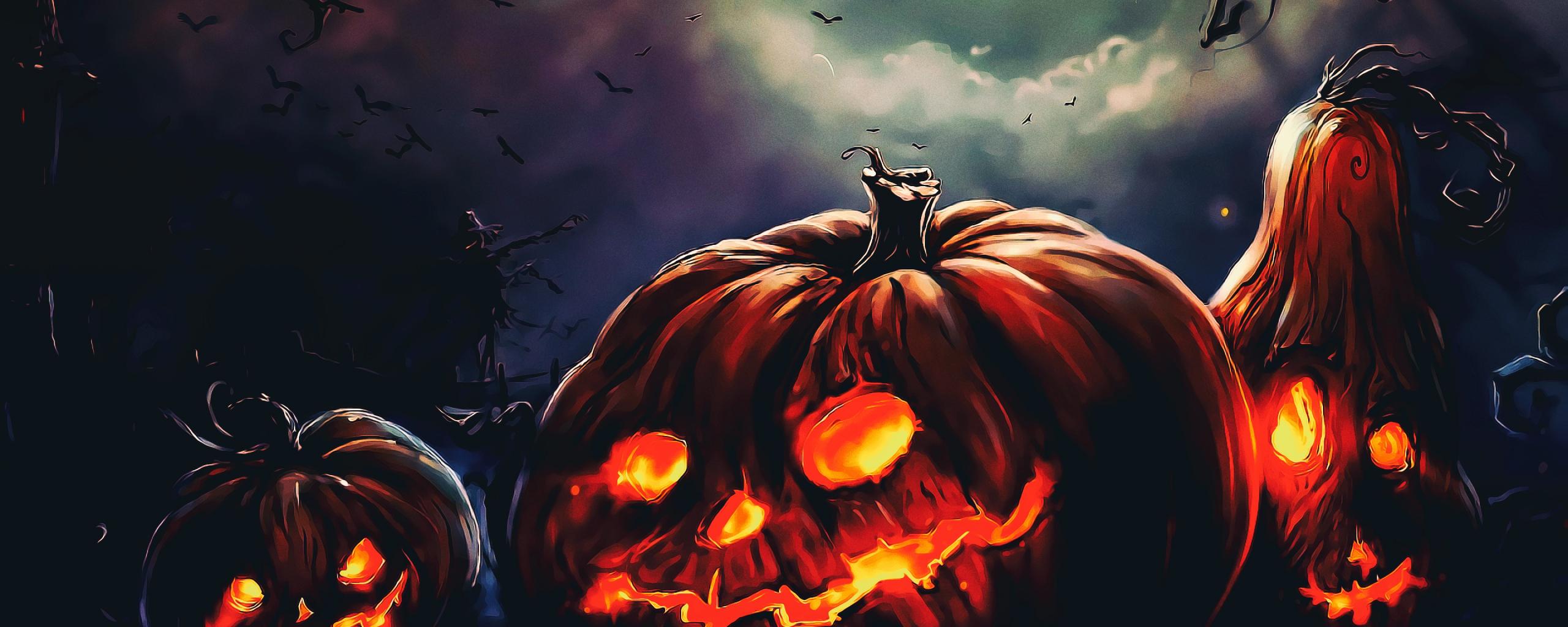 2560x1024 Desktop Wallpaper Halloween, Pumpkin, Scary Night, Fantasy Art, HD Image, Picture, Background, P 9e1m