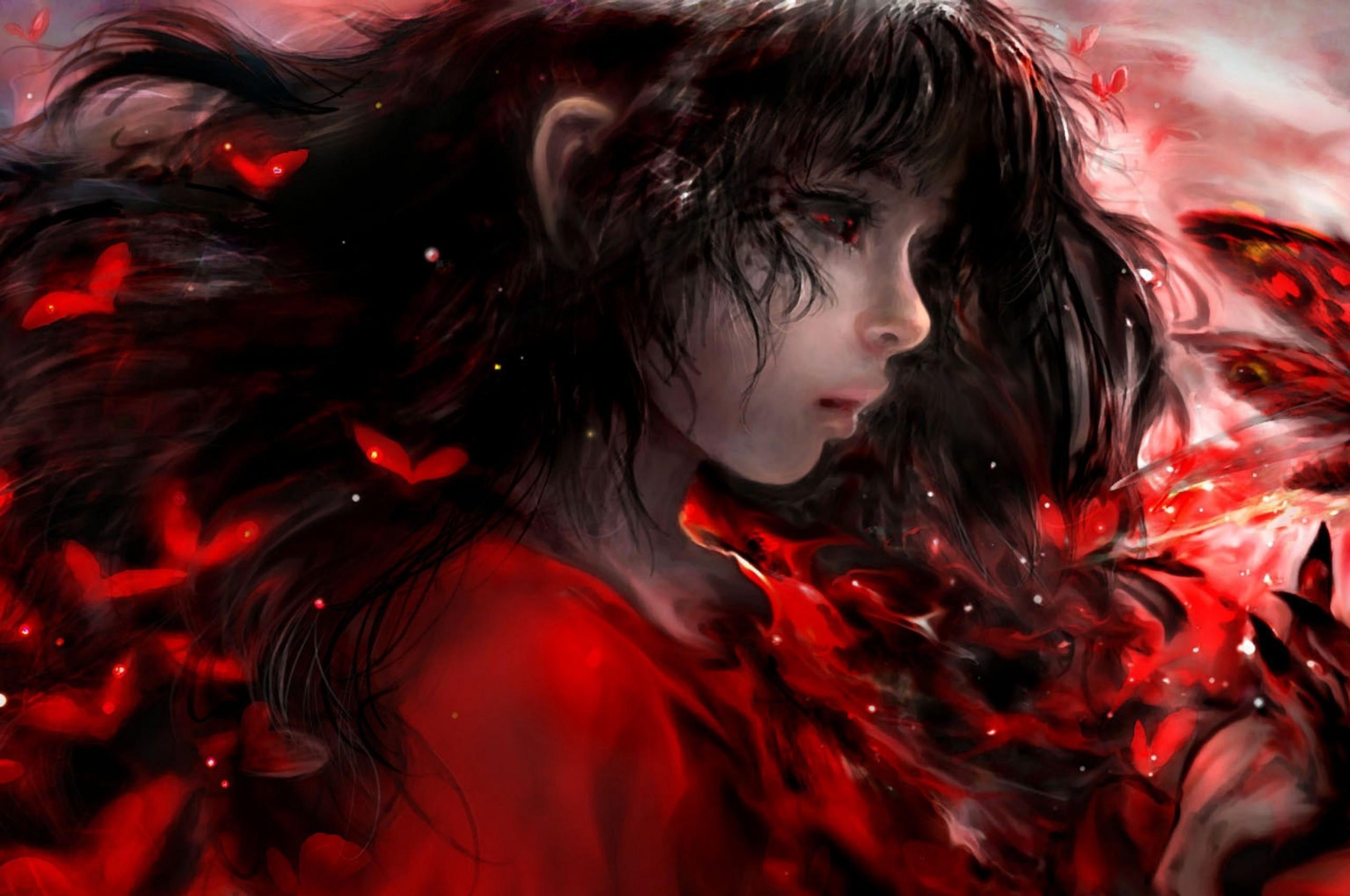 2560x1700 Download 2560x1700 Demon Girl, Red Eyes, Red Butterflies, Black Hair, Profile View Wallpaper for Chromebook Pixel