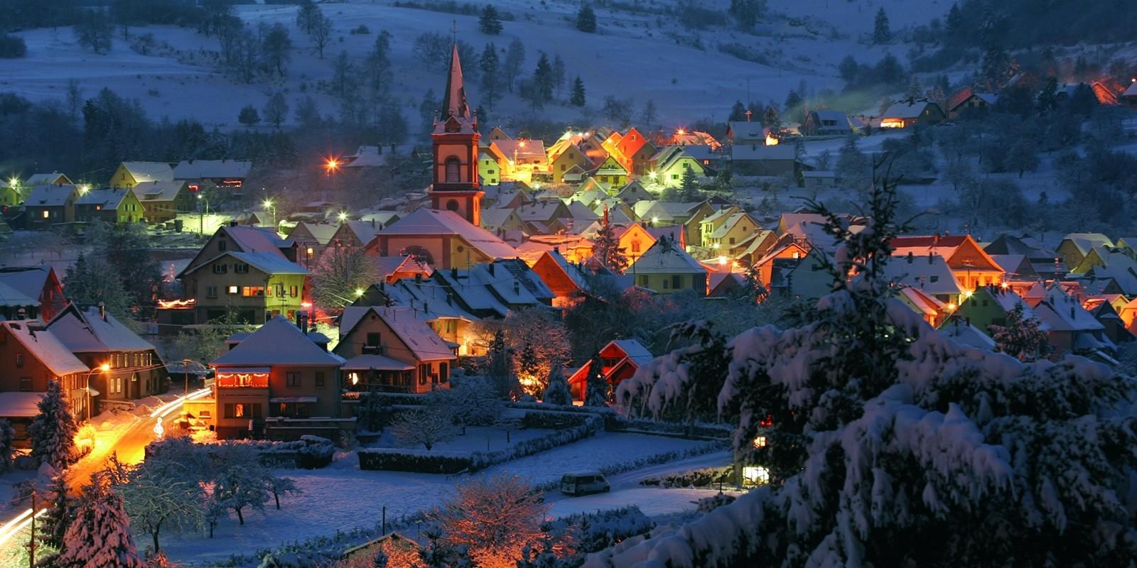 1600x800 #cold, #church, #hills, #winter, #village, #snow, #trees, #France, #street light, #nature, #house, #lights, #landscape, wallpaper. Mocah HD Wallpaper
